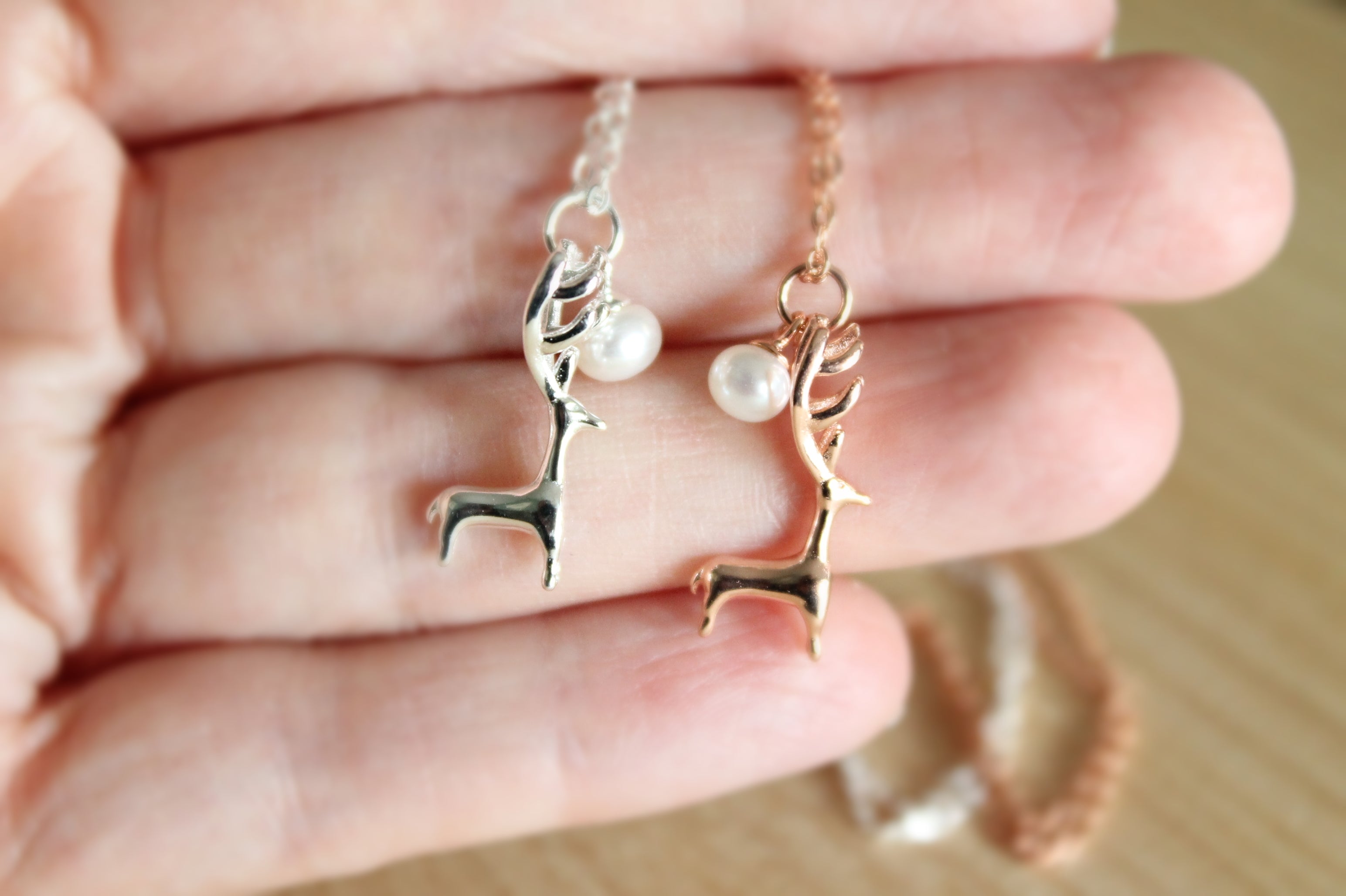 Reindeer and Pearl Necklace in Sterling Silver or Rose Gold Plated