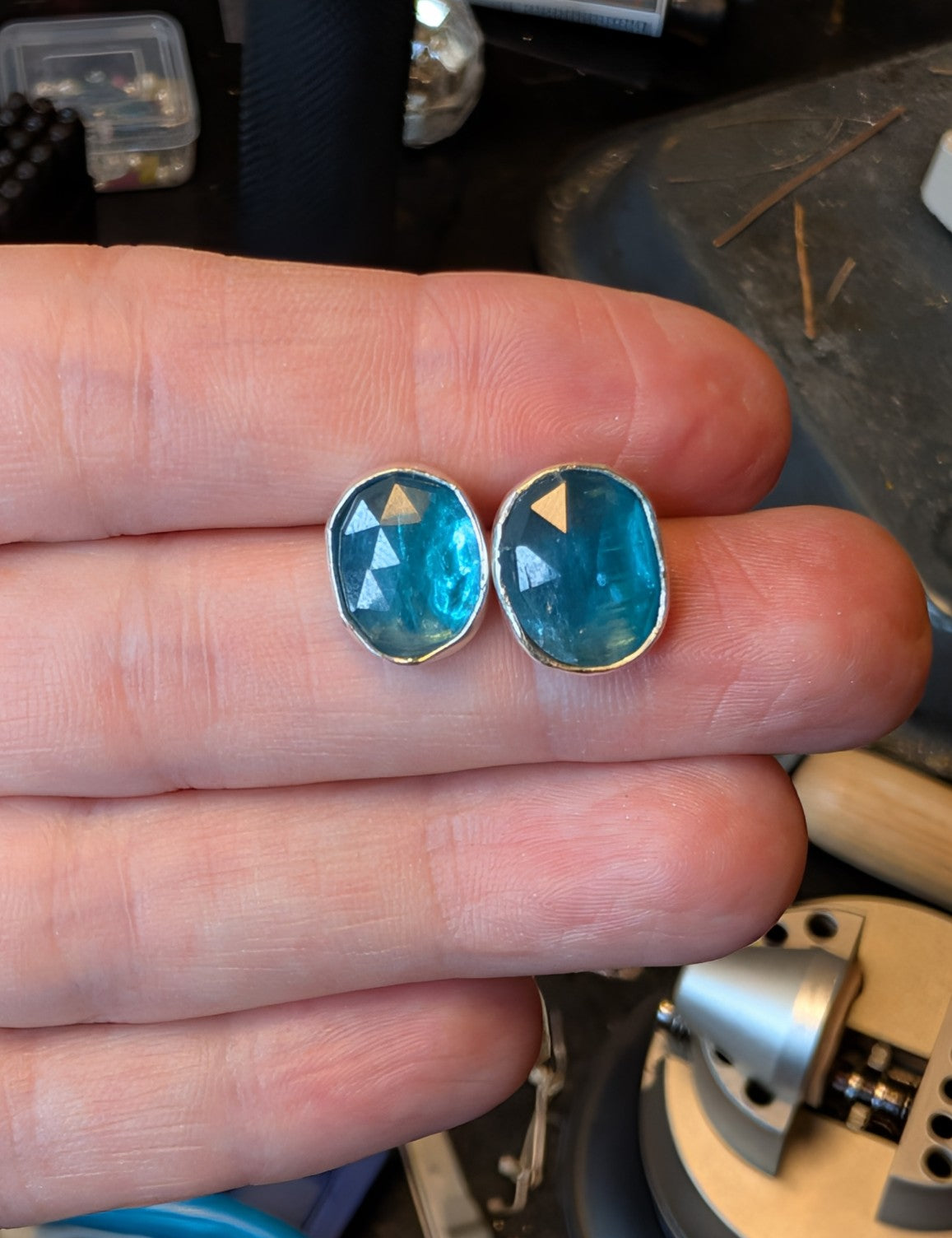 Ocean Studs asymmetrical natural rose-cut kyanite earrings in handmade sterling silver settings