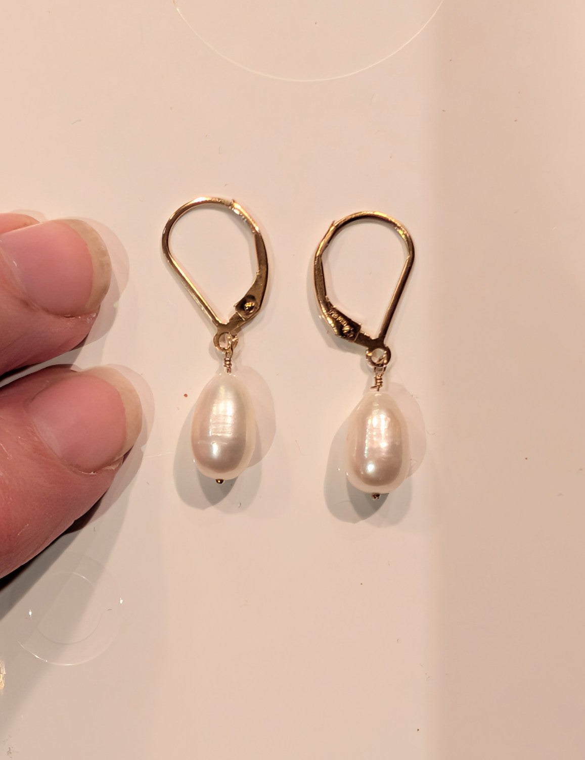Pearl Tide Drops white freshwater pearl leverback earrings in yellow gold fill by Design by Athena
