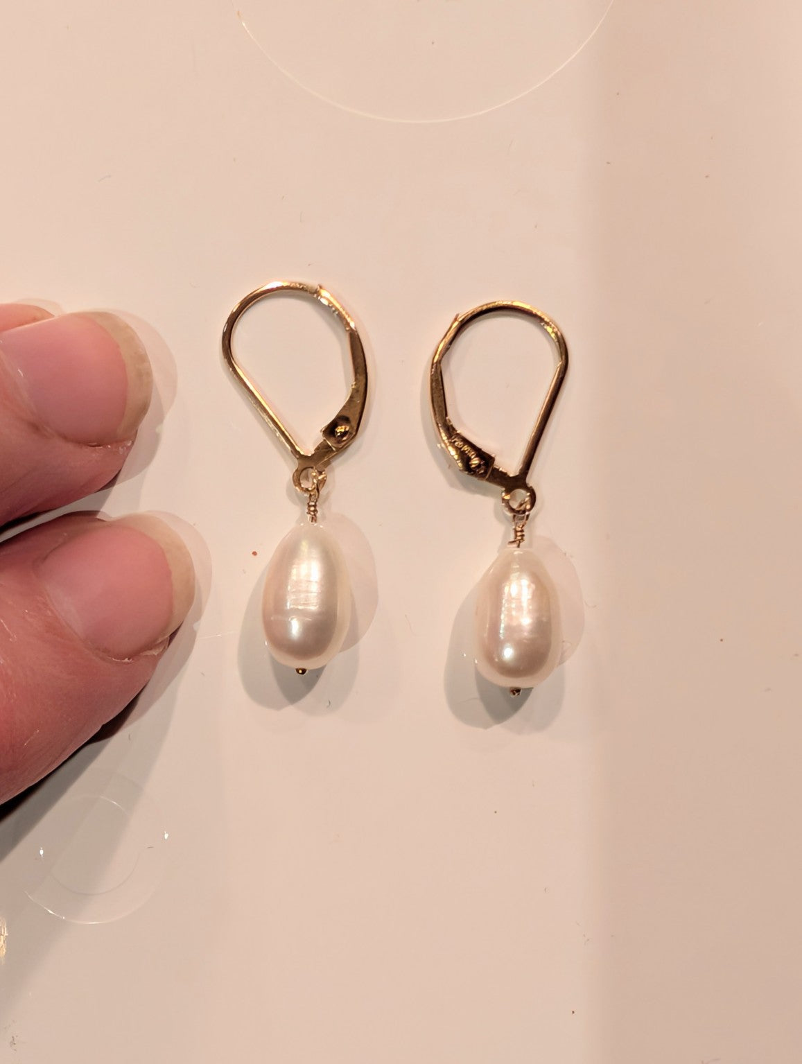 Pearl Tide Drops white freshwater pearl leverback earrings in yellow gold fill by Design by Athena