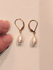 Pearl Tide Drops white freshwater pearl leverback earrings in yellow gold fill by Design by Athena