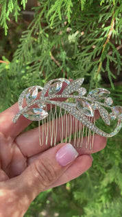#015: Silver Bridal Hair Comb – Crystal Leaf Design with Sparkling CZ Accents