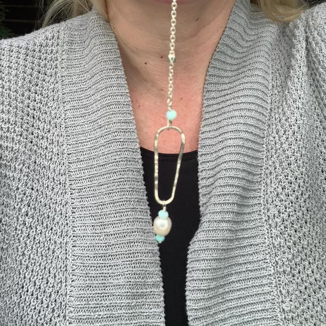 Pearl and Peruvian Blue Opal in Sterling Silver Y Necklace