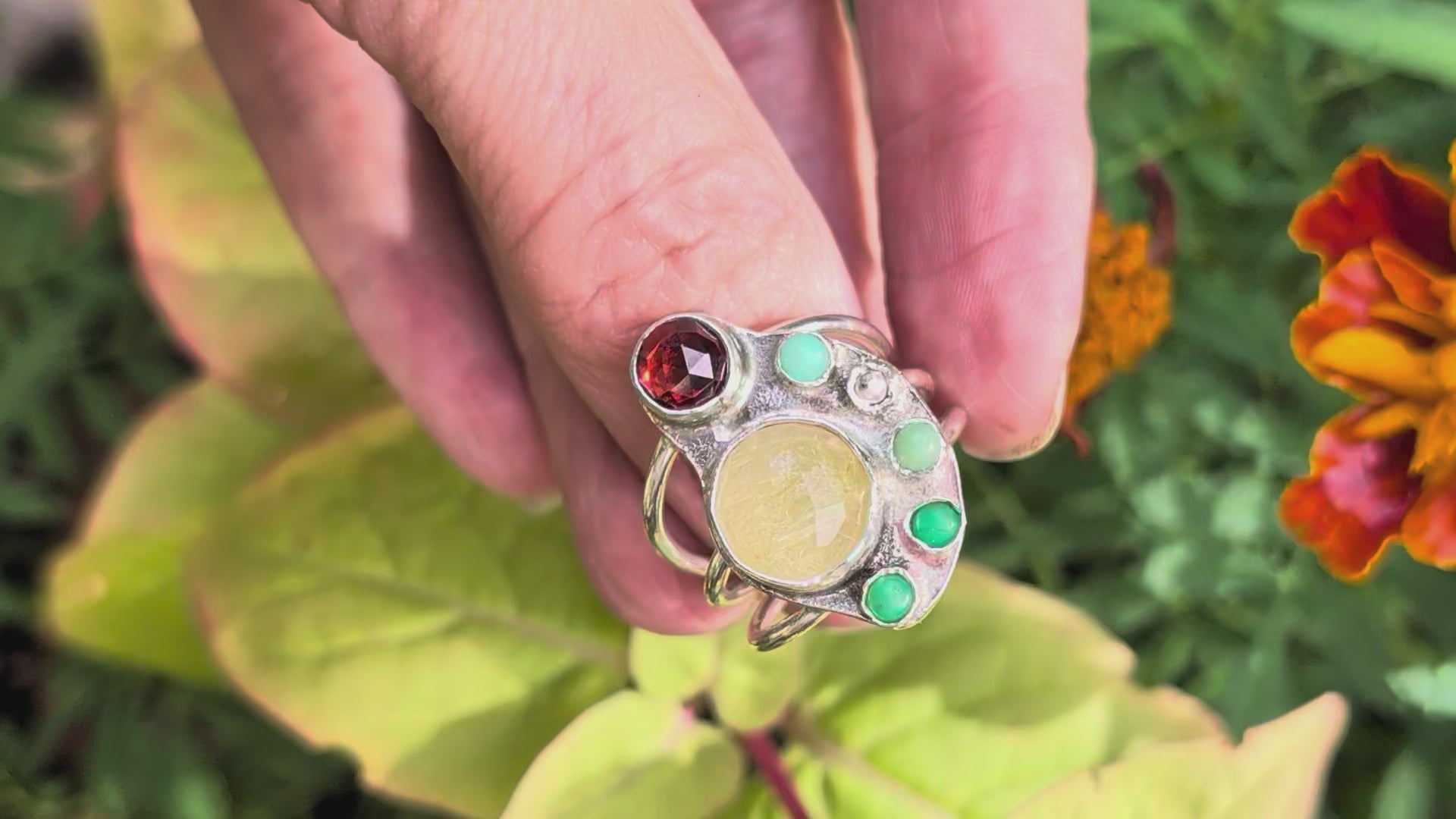The Offering Ring — Garnet, Golden Rutilated Quartz & Chrysoprase