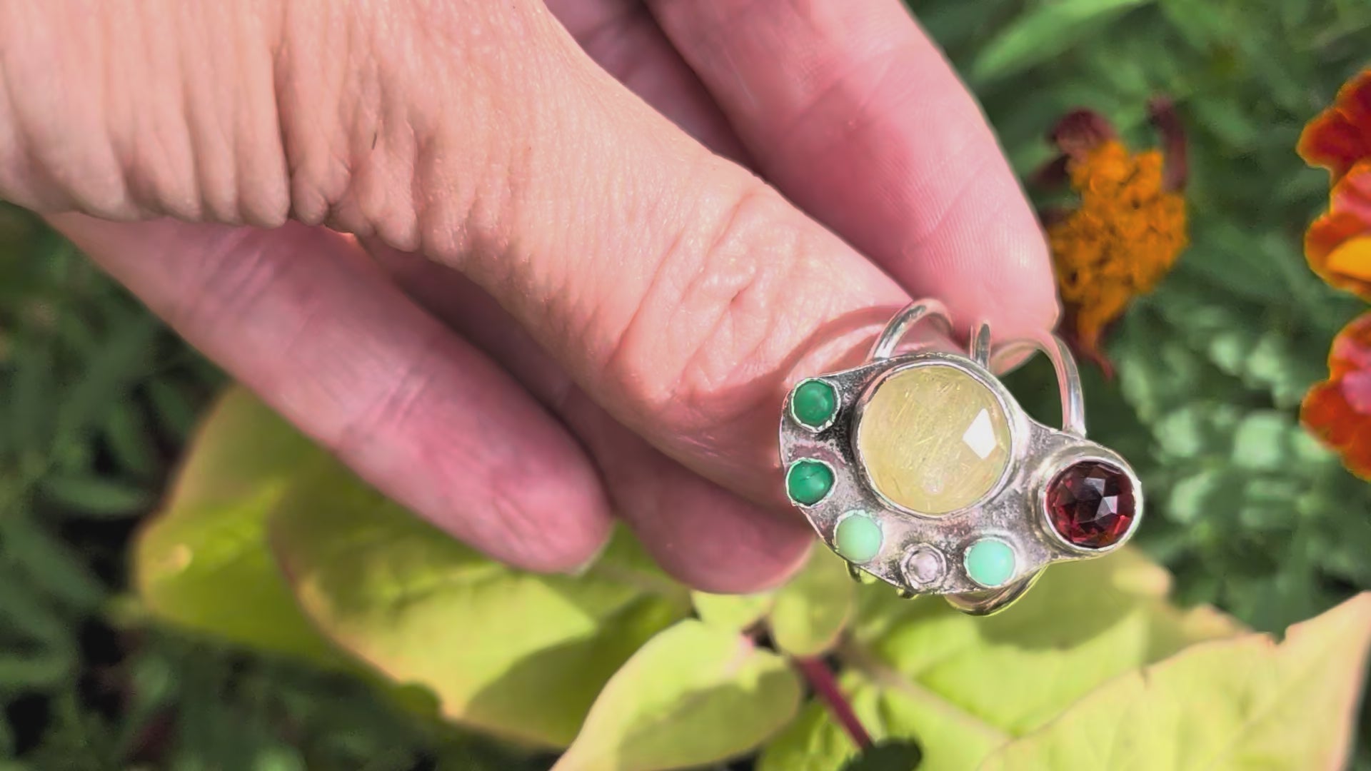 The Offering Ring — Garnet, Golden Rutilated Quartz & Chrysoprase