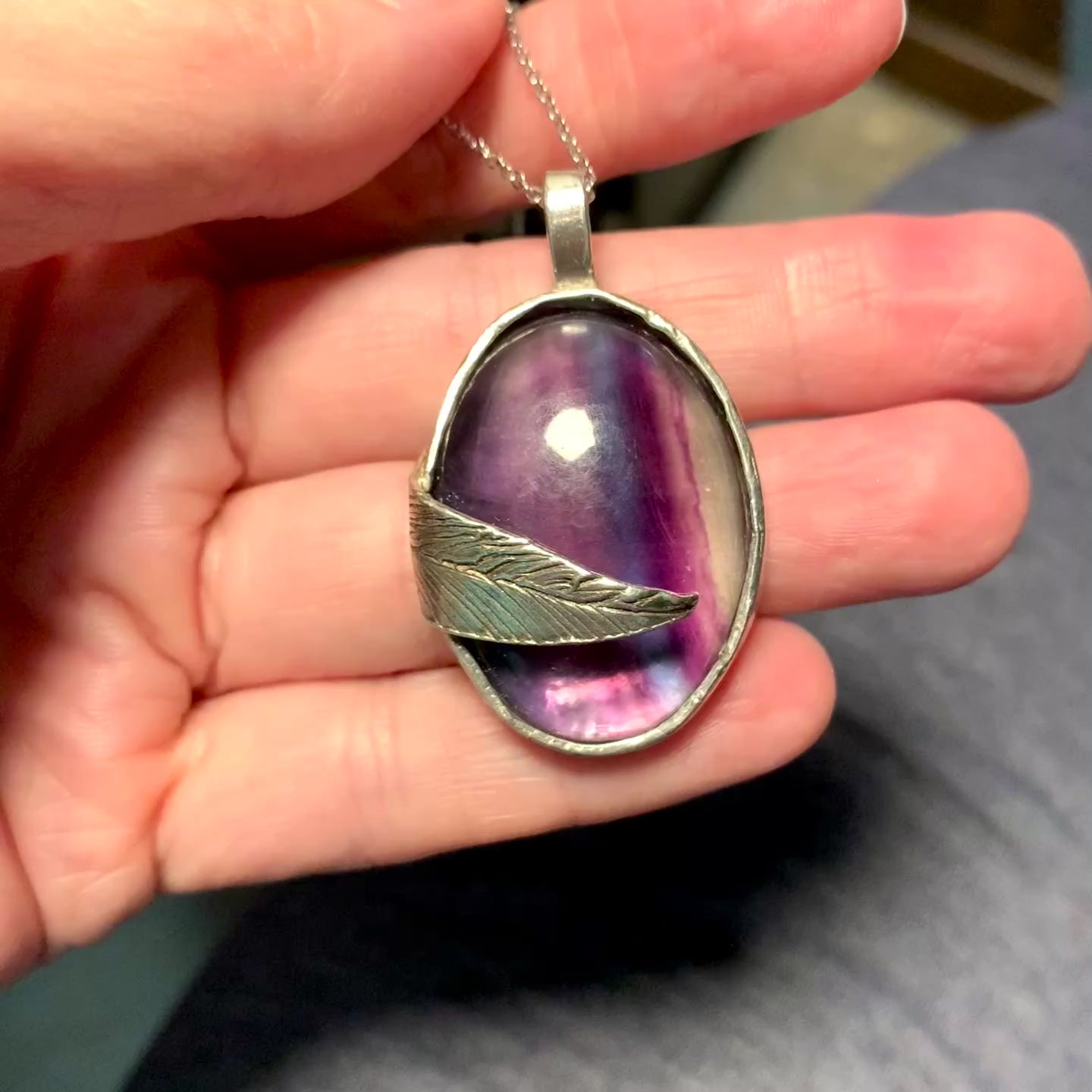 OOAK Sterling Silver Fluorite Necklace | Handmade Leaf Bezel | Simple Curb Chain