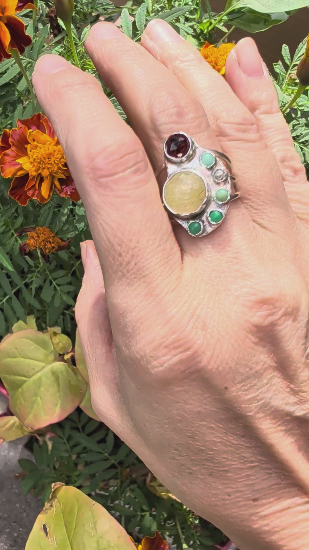 The Offering Ring — Garnet, Golden Rutilated Quartz & Chrysoprase