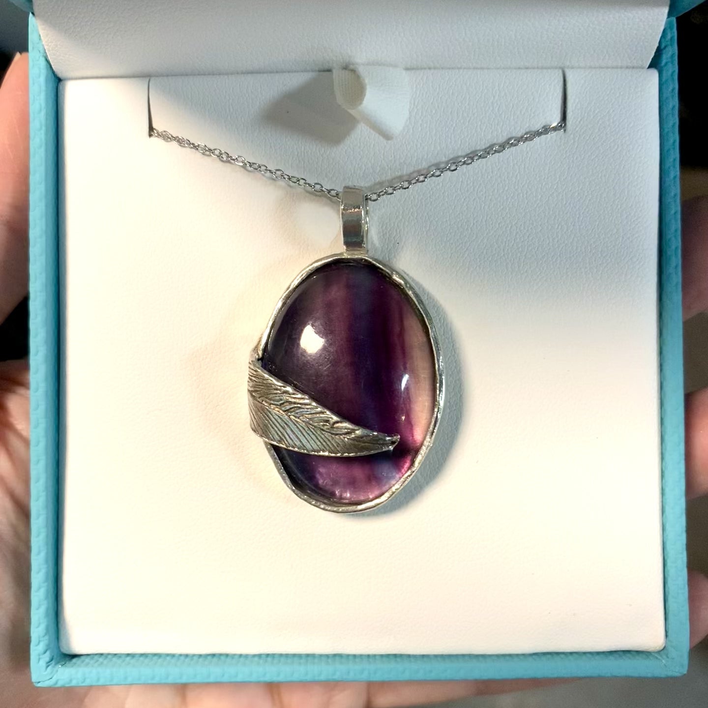 OOAK Sterling Silver Fluorite Necklace | Handmade Leaf Bezel | Simple Curb Chain