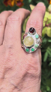 The Offering Ring — Garnet, Golden Rutilated Quartz & Chrysoprase