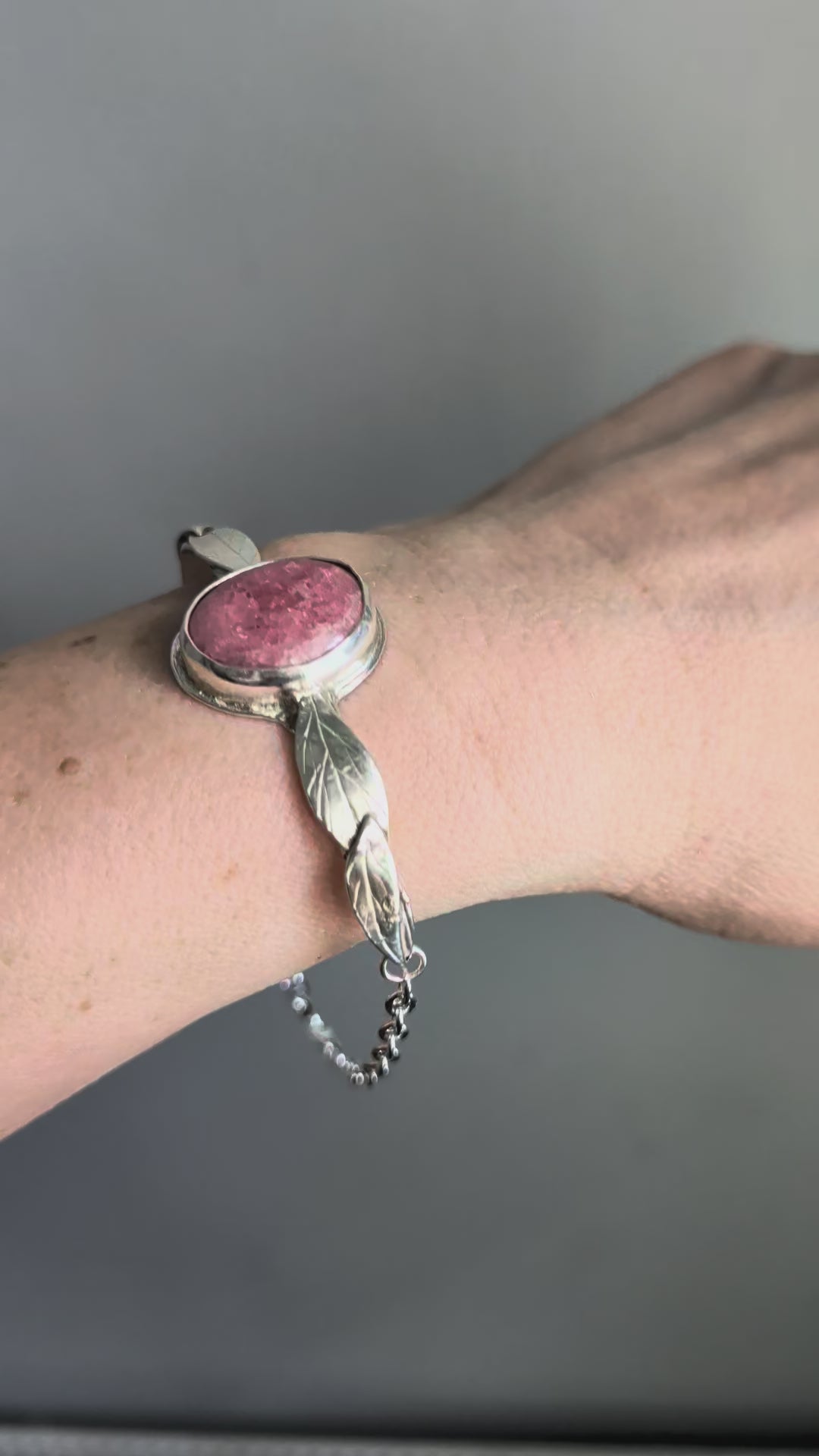 Rosevine Bracelet | Rhodochrosite & Sterling Silver Leaf Cuff
