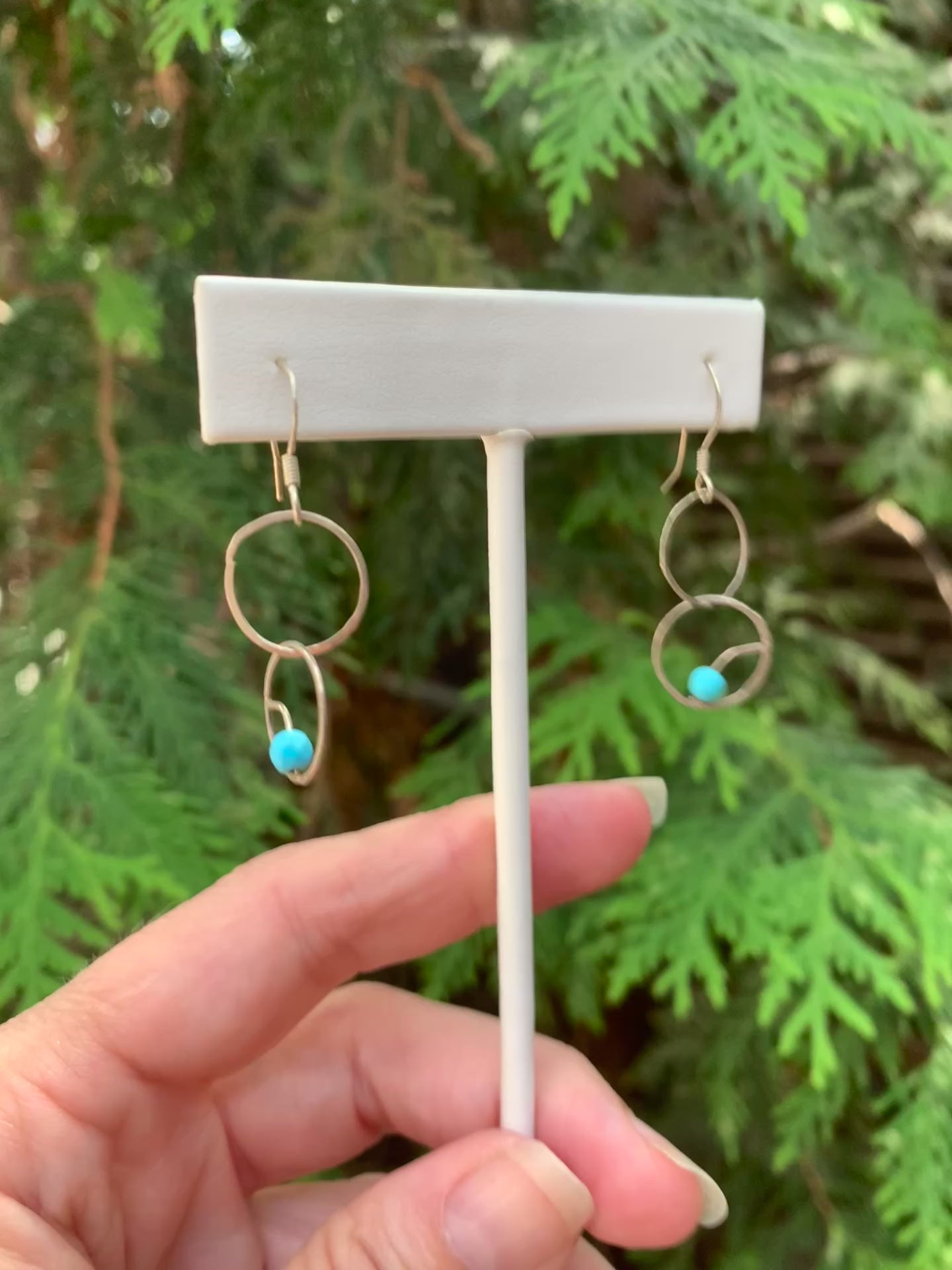 Sterling Silver Double Circle Earrings with Turquoise Beads – Handcrafted & Free-Moving Design