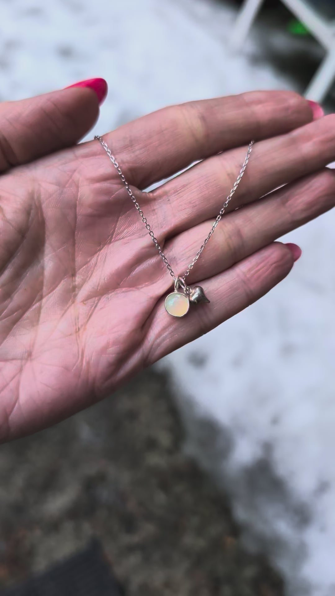 Sterling Silver Opal Necklace | 8mm Bezel Set Opal Pendant | Handmade | 16–18” Chain