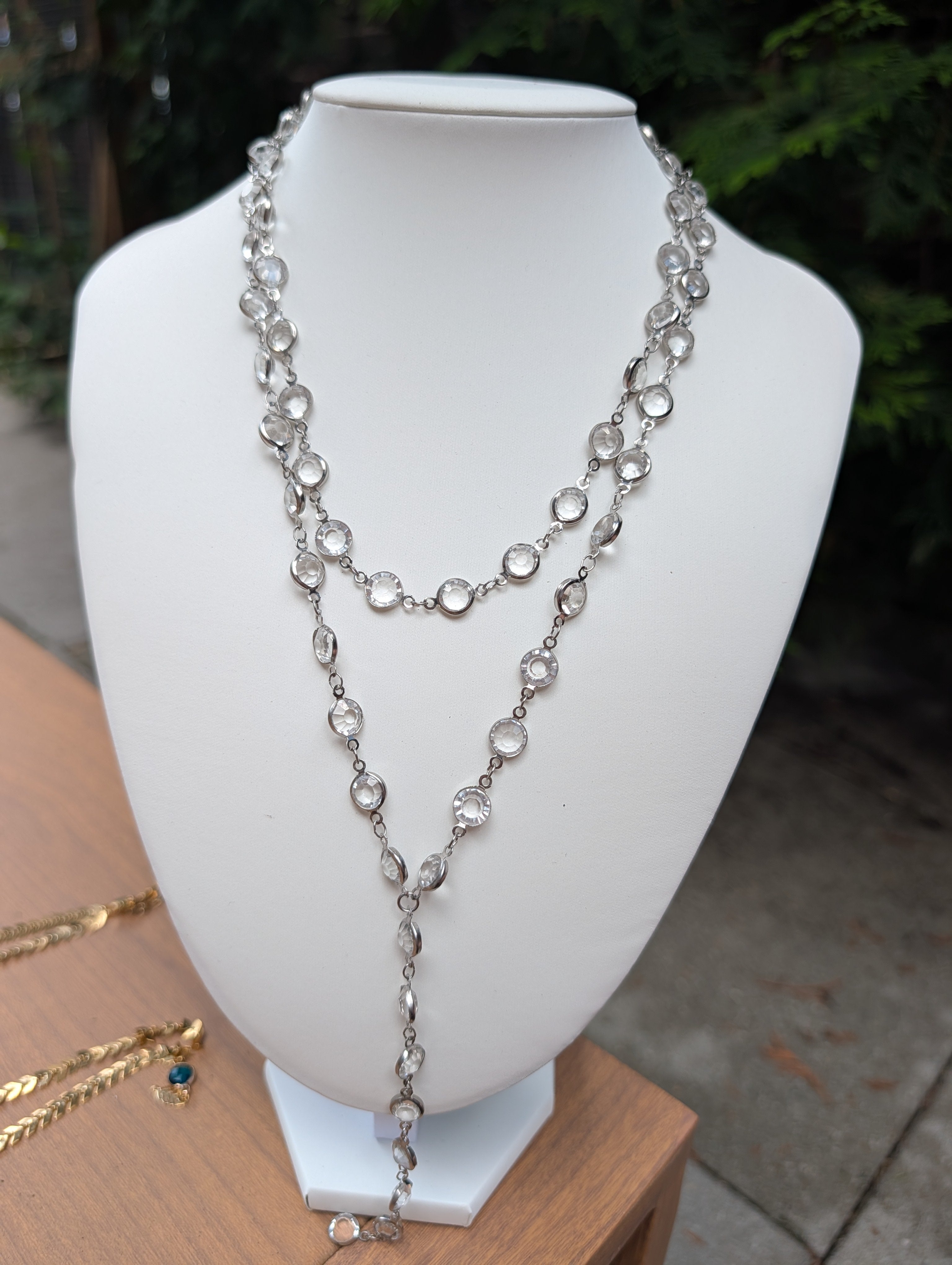Sample Sale: Silver Crystal Lariat Necklace – Long Layered Clear Stone Statement Necklace