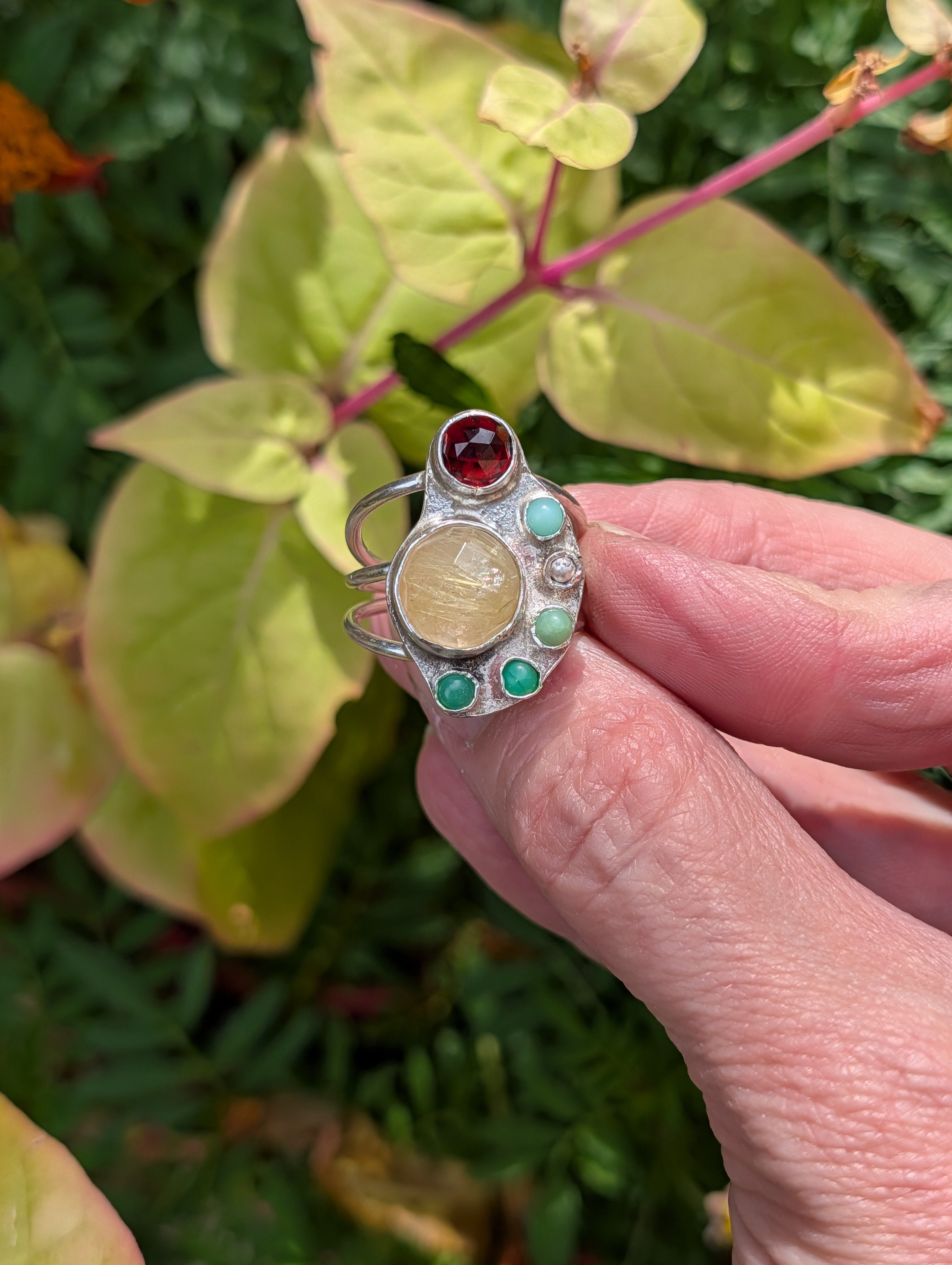 The Offering Ring — Garnet, Golden Rutilated Quartz & Chrysoprase