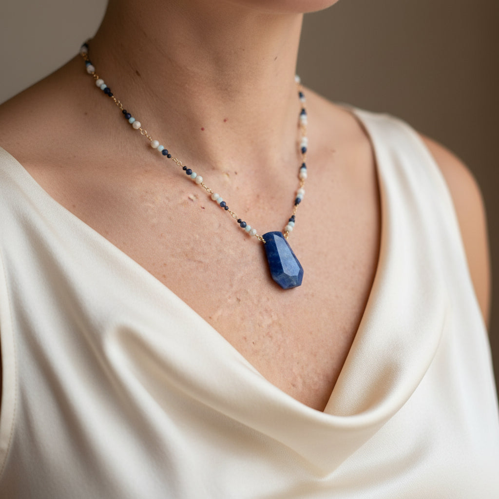 Blue Passage Necklace – Lapis Pendant with Blue Opal, Spinel & Yellow Gold Fill