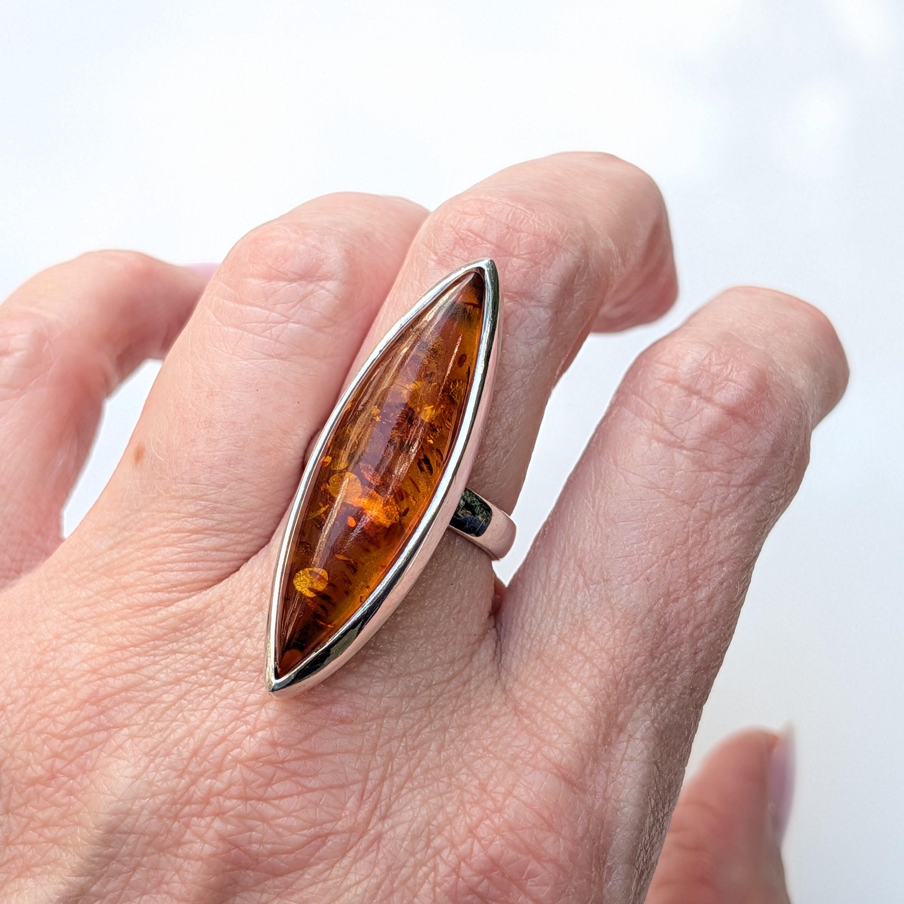 Golden Amber Marquise Ring | Silver Baltic Amber Ring |Tears of the Sun