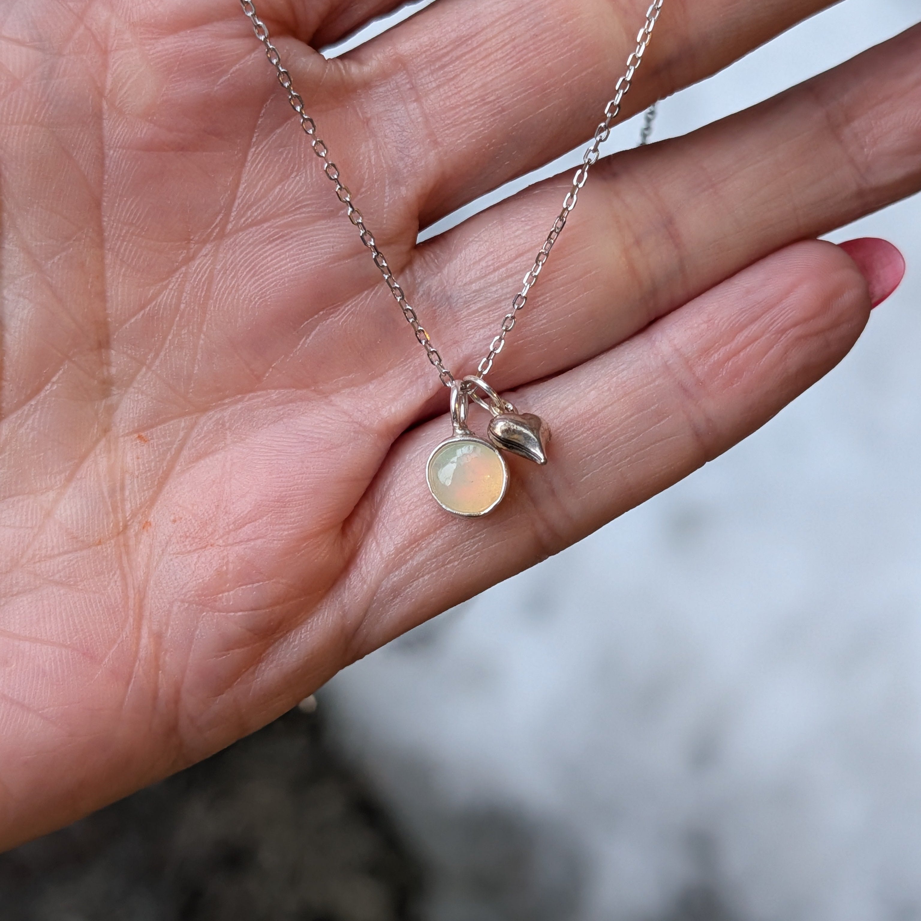 Sterling Silver Opal Necklace | 8mm Bezel Set Opal Pendant | Handmade | 16–18” Chain