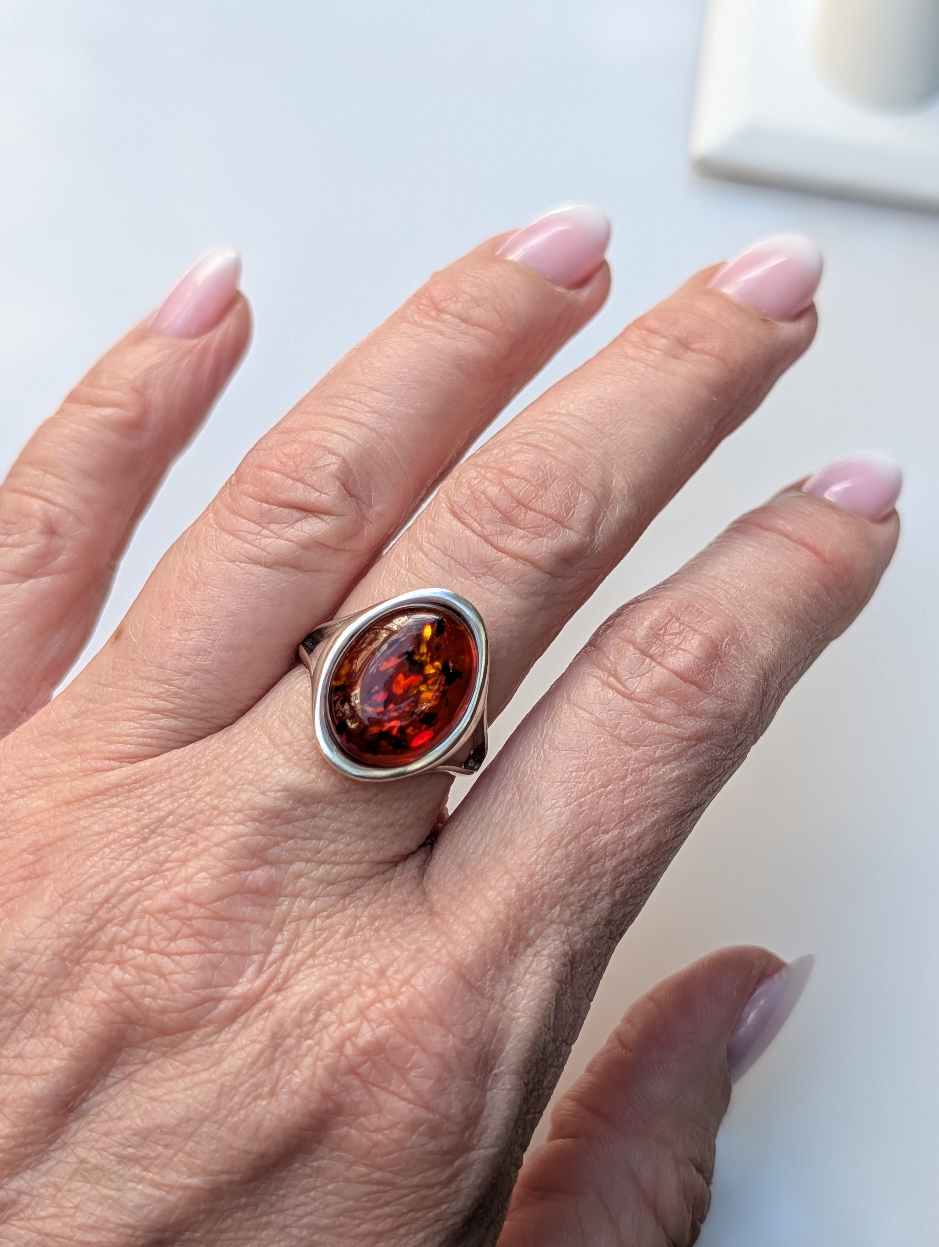 Amber Flame Ring | Silver Baltic Amber Ring | Tears of the Sun Collection