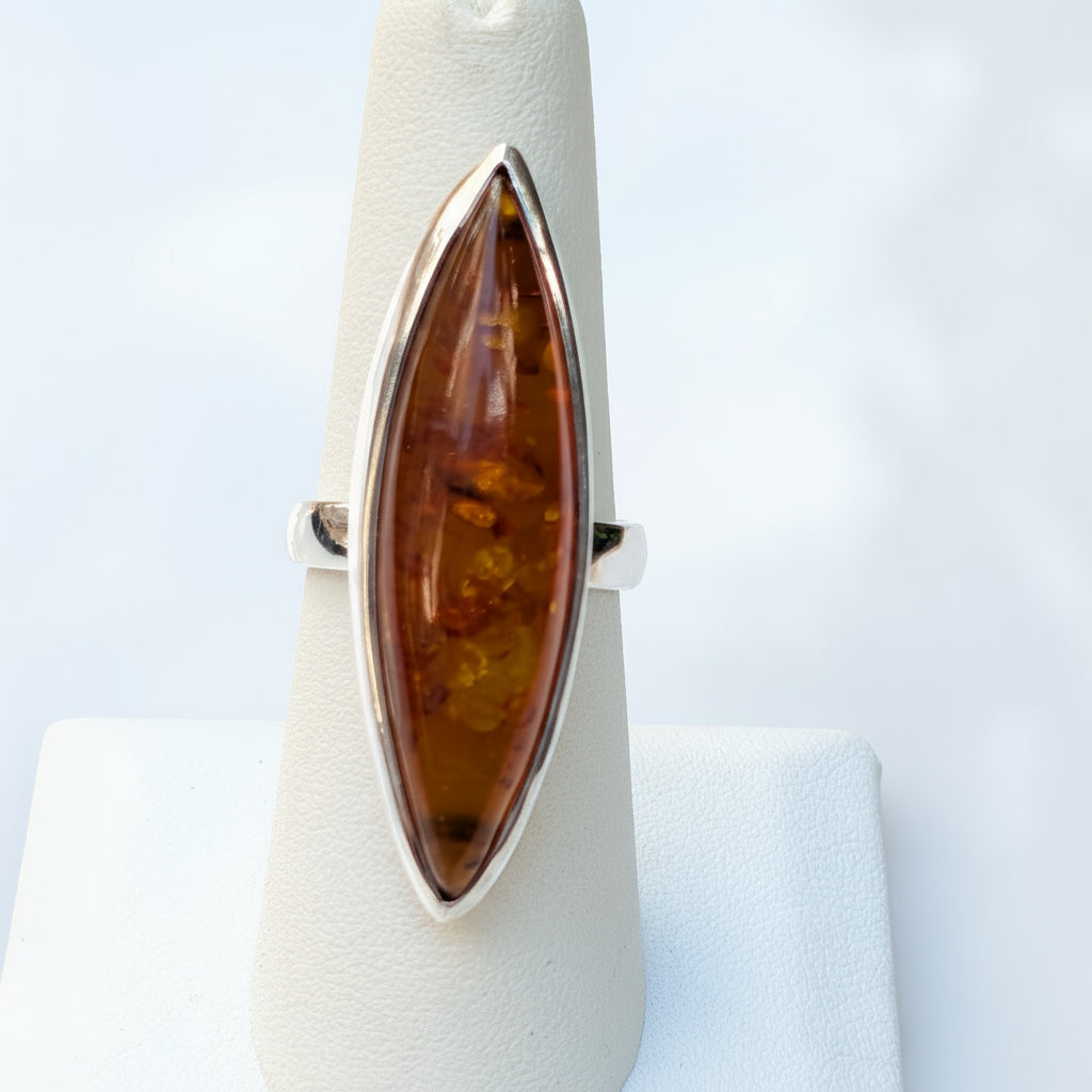Golden Amber Marquise Ring | Silver Baltic Amber Ring |Tears of the Sun