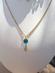 Sample Sale: Gold Blue Crystal Layered Necklace – Stainless Steel Leaf Charm Necklace