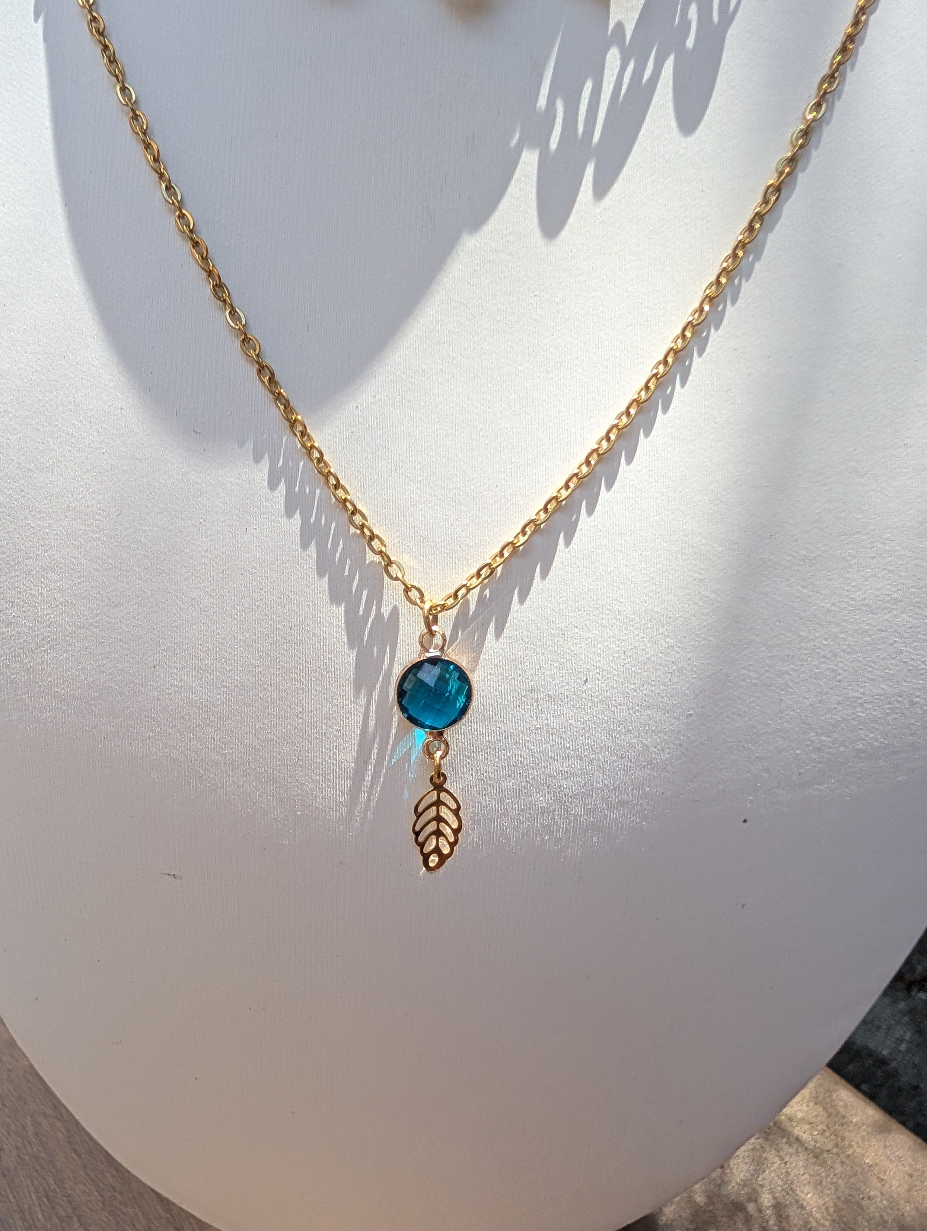Sample Sale: Gold Blue Crystal Layered Necklace – Stainless Steel Leaf Charm Necklace