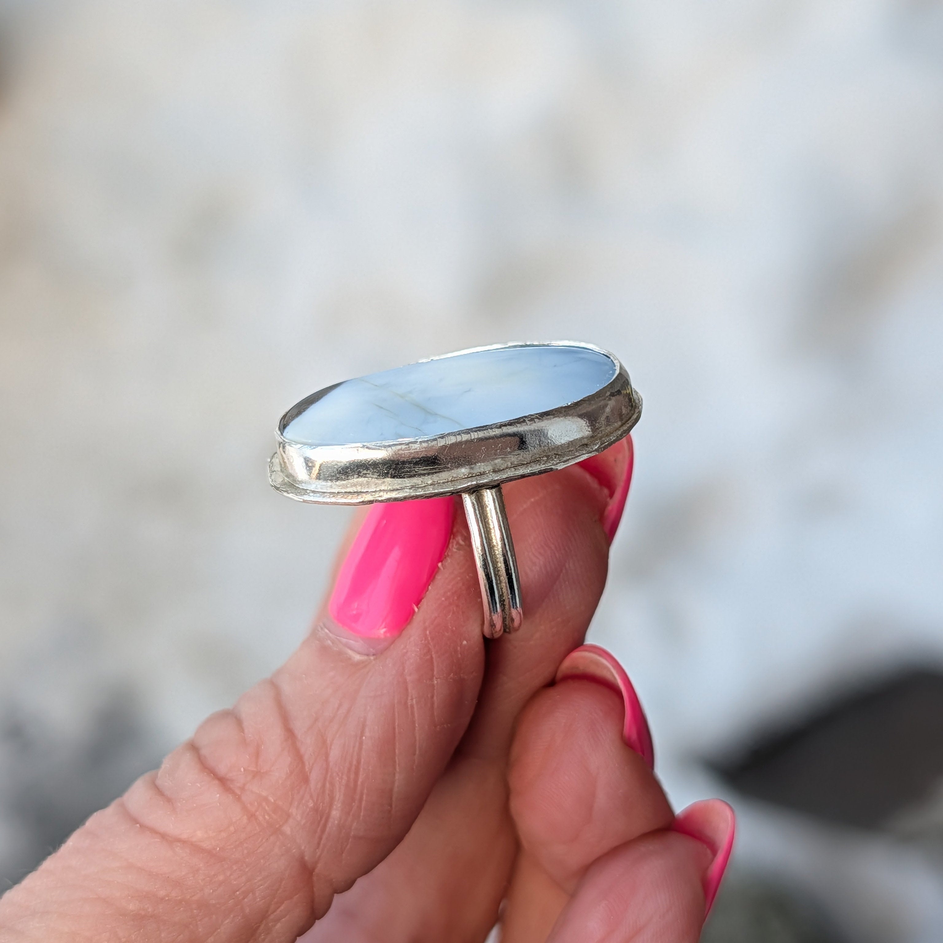 Blue Opal Statement Ring – Sterling Silver Sz 6.5