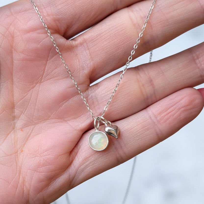 Sterling Silver Opal Necklace | 8mm Bezel Set Opal Pendant | Handmade | 16–18” Chain