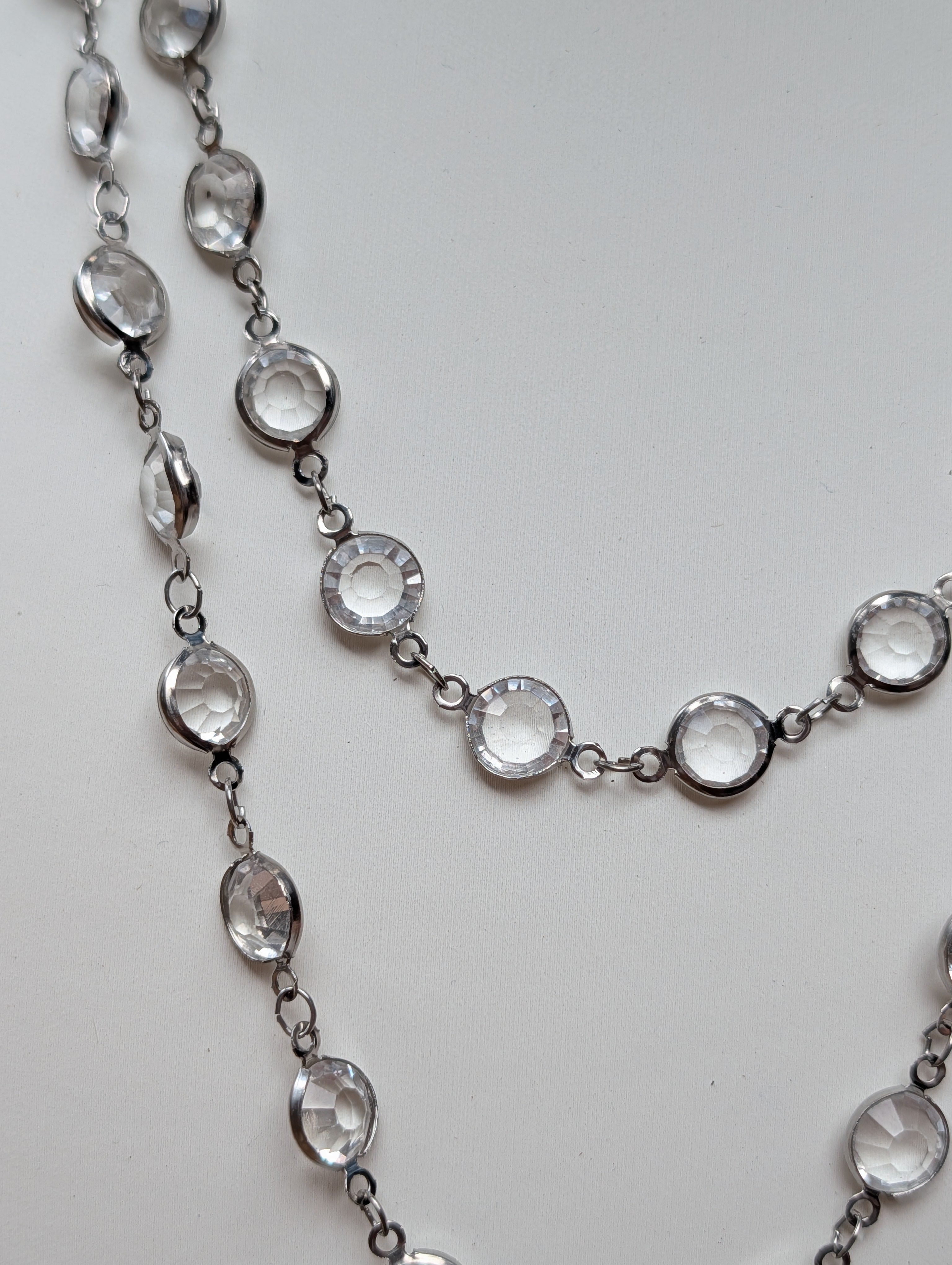 Sample Sale: Silver Crystal Lariat Necklace – Long Layered Clear Stone Statement Necklace