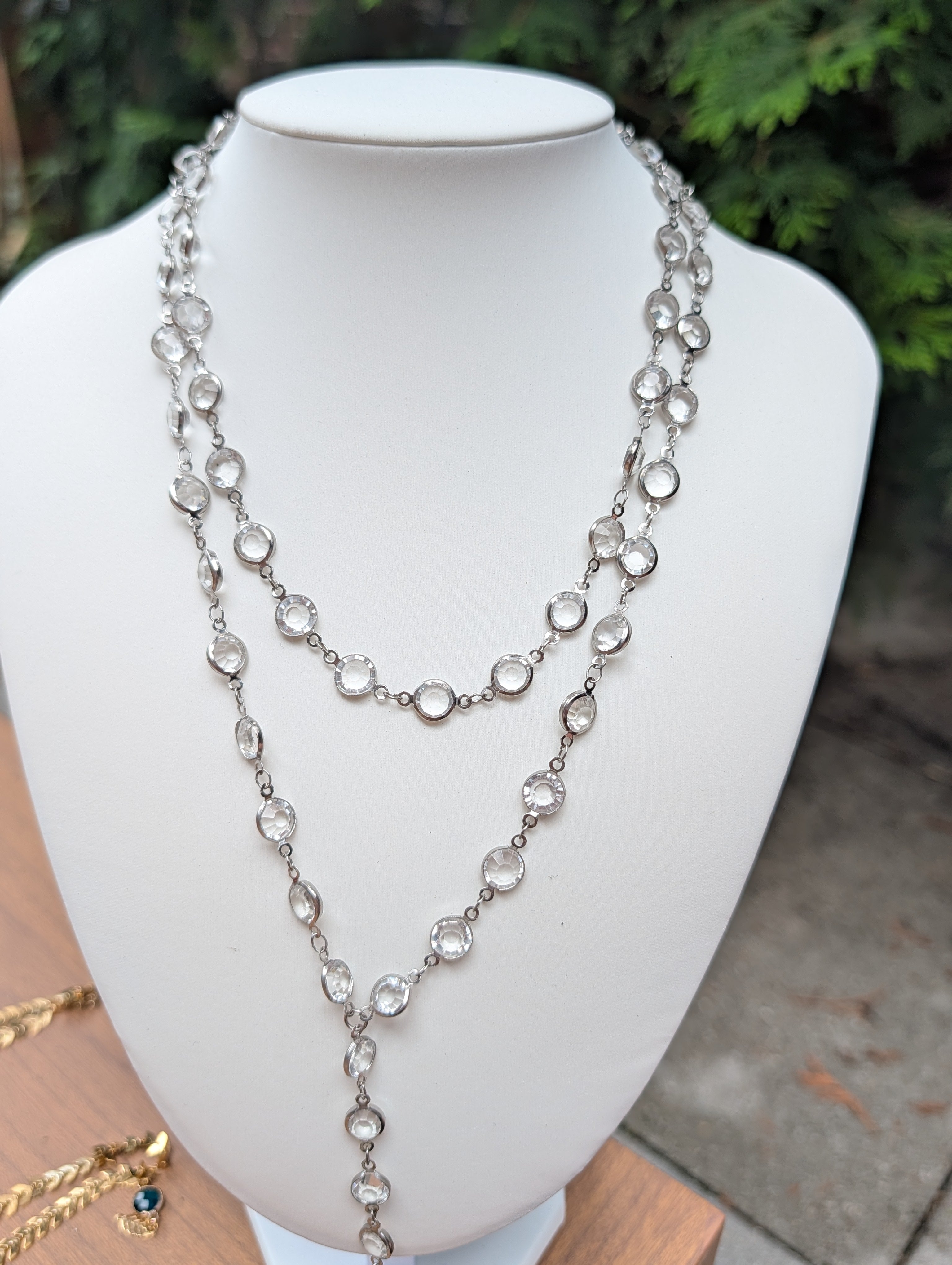 Sample Sale: Silver Crystal Lariat Necklace – Long Layered Clear Stone Statement Necklace