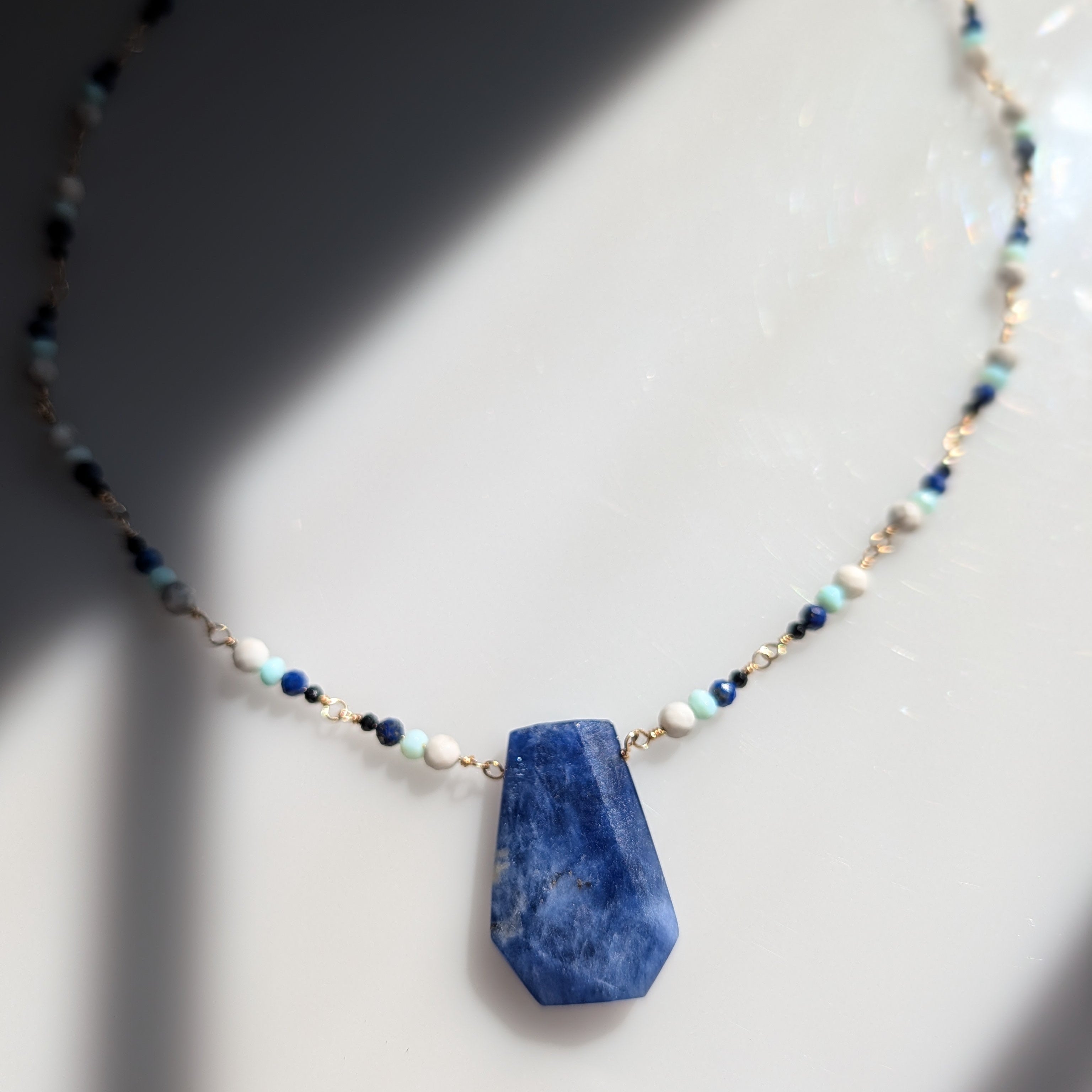 Blue Passage Necklace – Lapis Pendant with Blue Opal, Spinel & Yellow Gold Fill