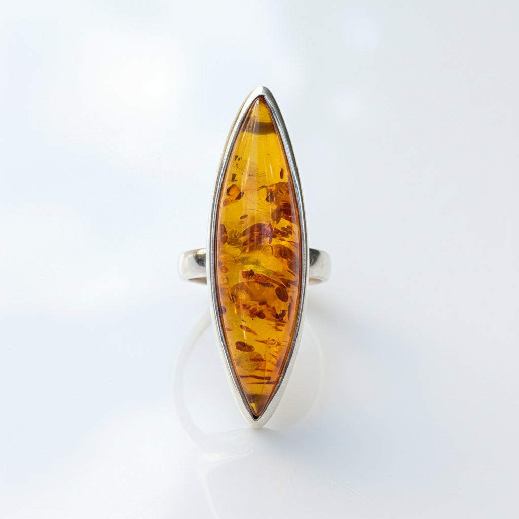 Golden Amber Marquise Ring | Silver Baltic Amber Ring |Tears of the Sun