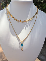 Sample Sale: Gold Blue Crystal Layered Necklace – Stainless Steel Leaf Charm Necklace