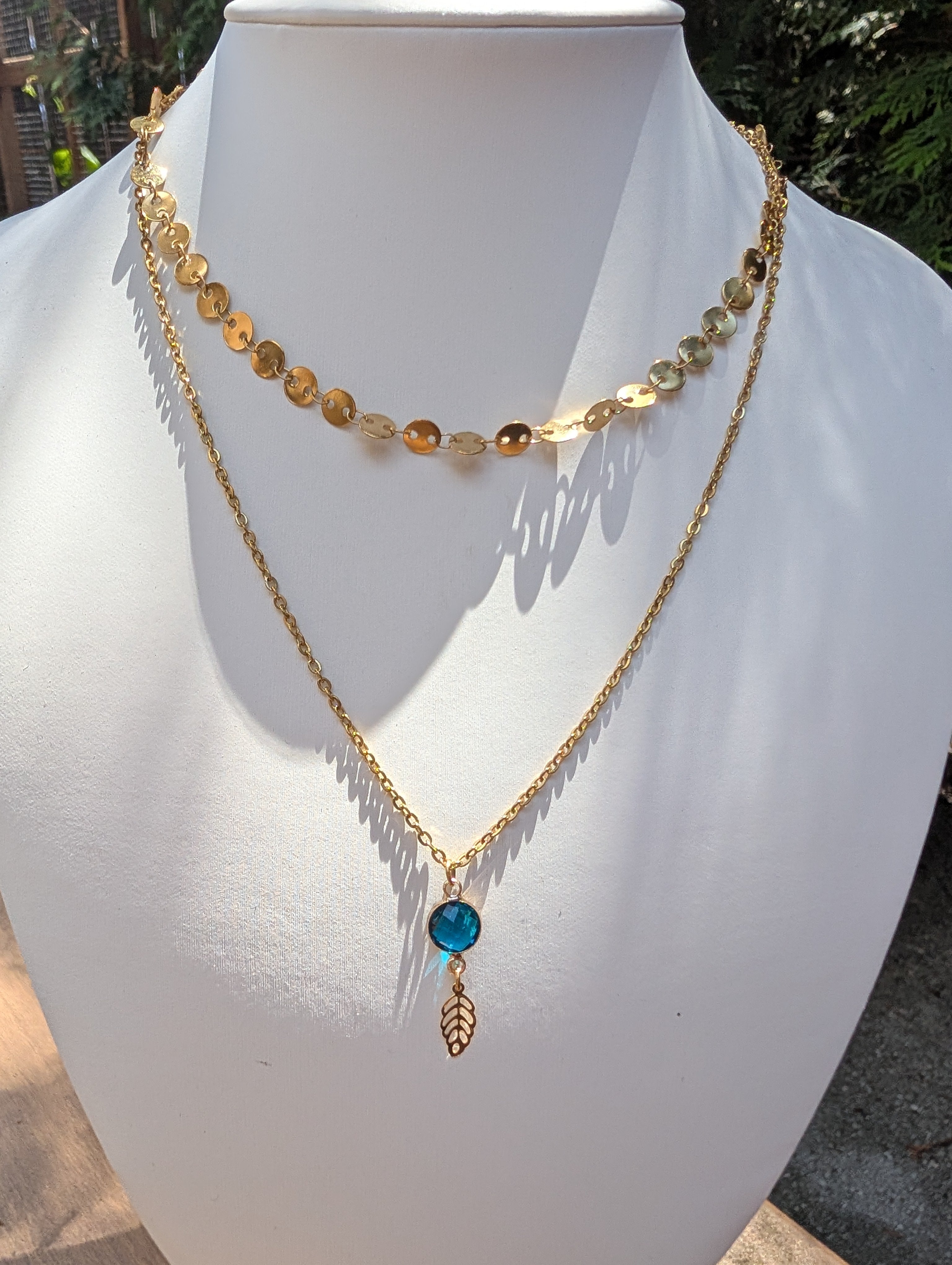 Sample Sale: Gold Blue Crystal Layered Necklace – Stainless Steel Leaf Charm Necklace