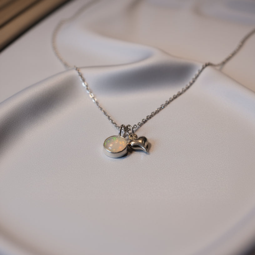 Sterling Silver Opal Necklace | 8mm Bezel Set Opal Pendant | Handmade | 16–18” Chain