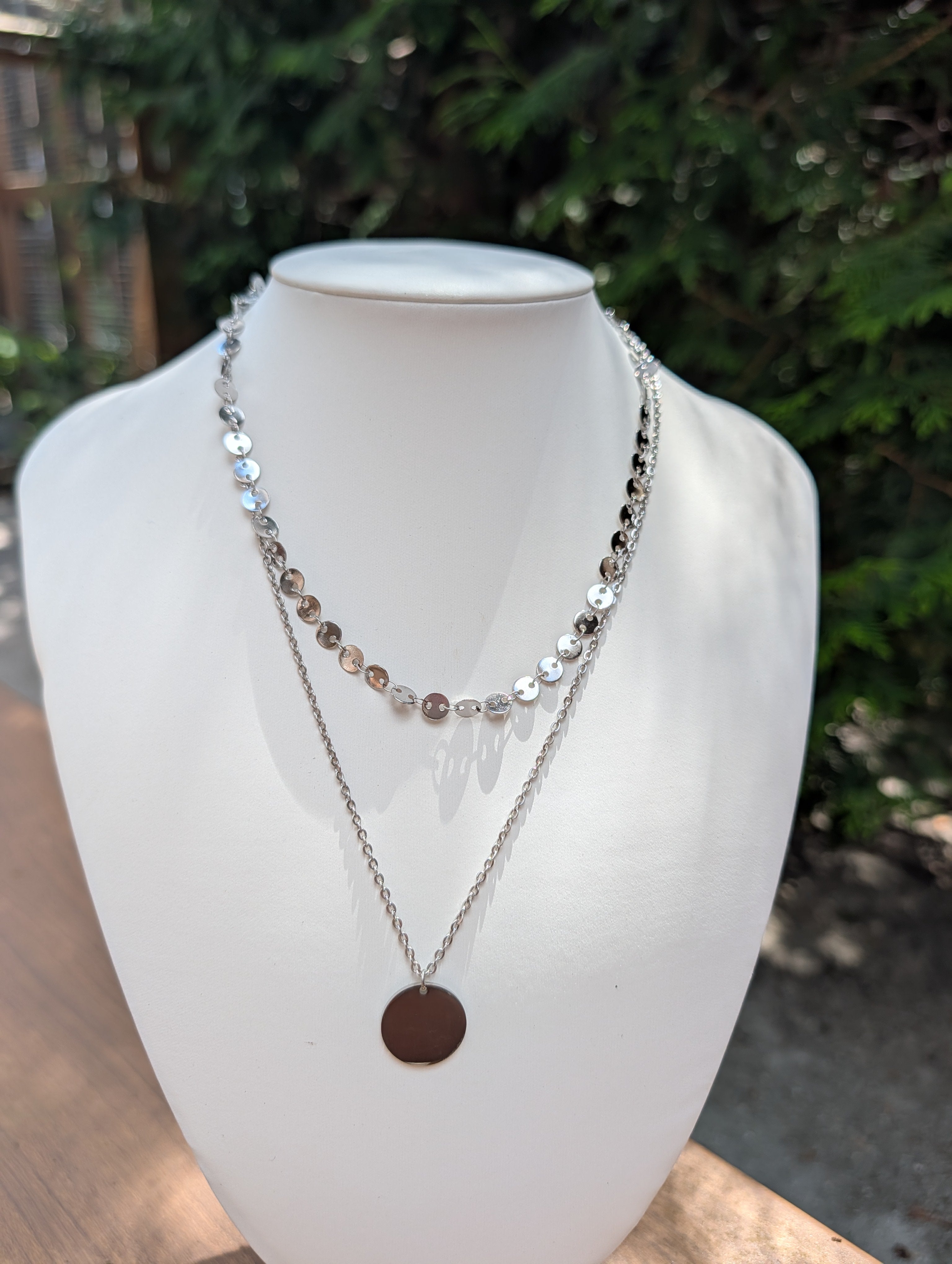 Sample Sale: Silver Sequin Disc Layered Necklace – Stainless Steel Pendant Necklace