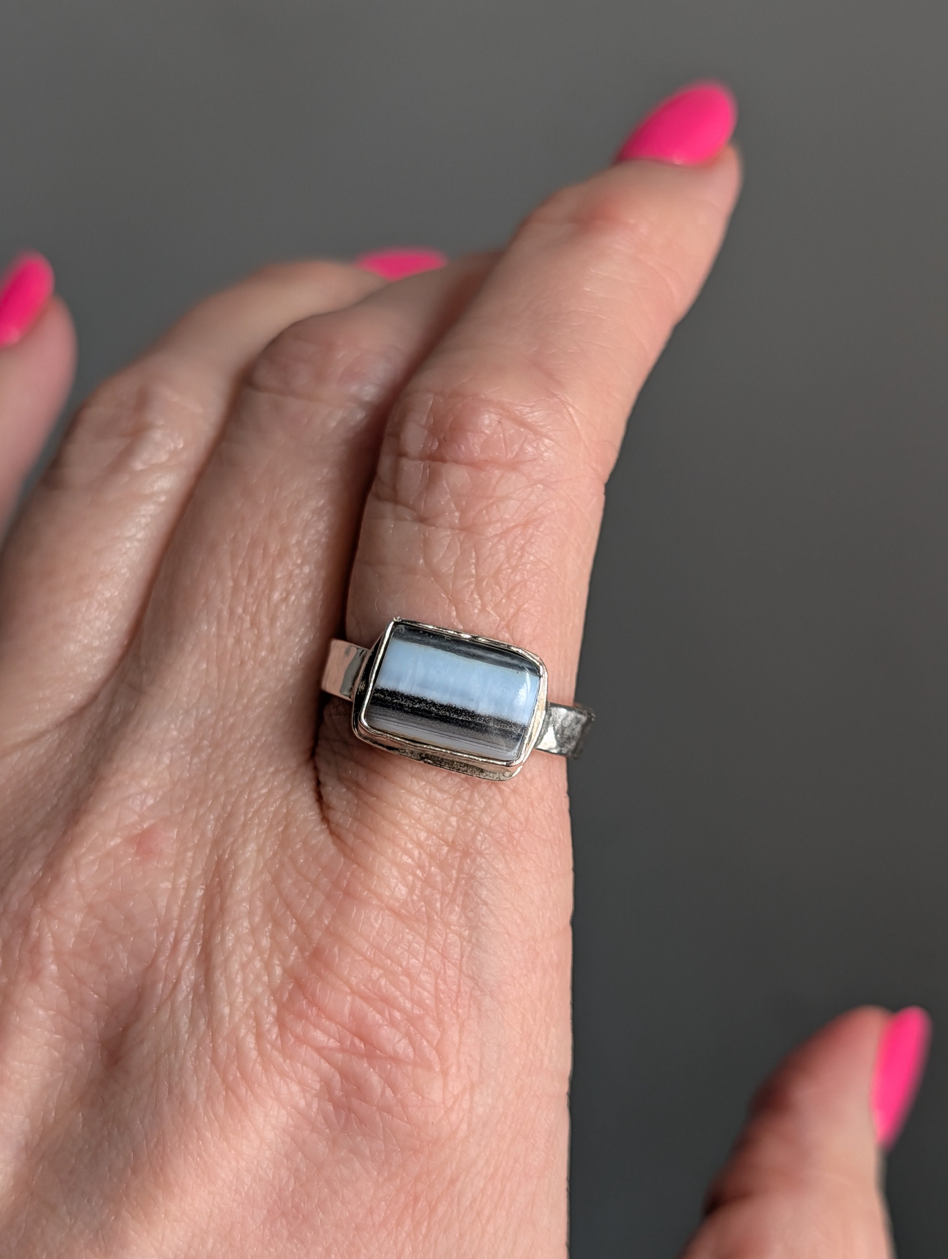 Blue Opal Rectangle Statement Ring | Sterling Silver | size 9