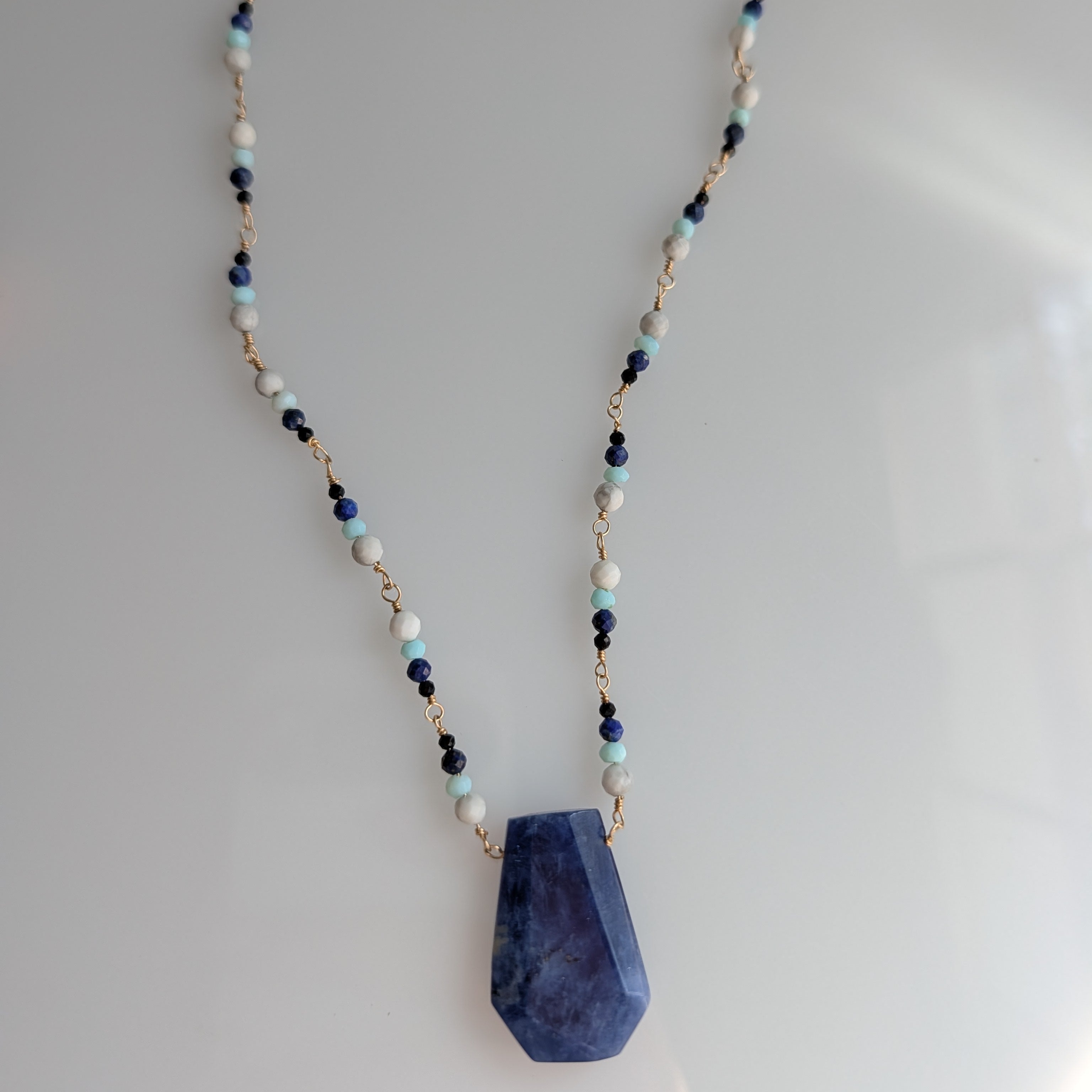Blue Passage Necklace – Lapis Pendant with Blue Opal, Spinel & Yellow Gold Fill