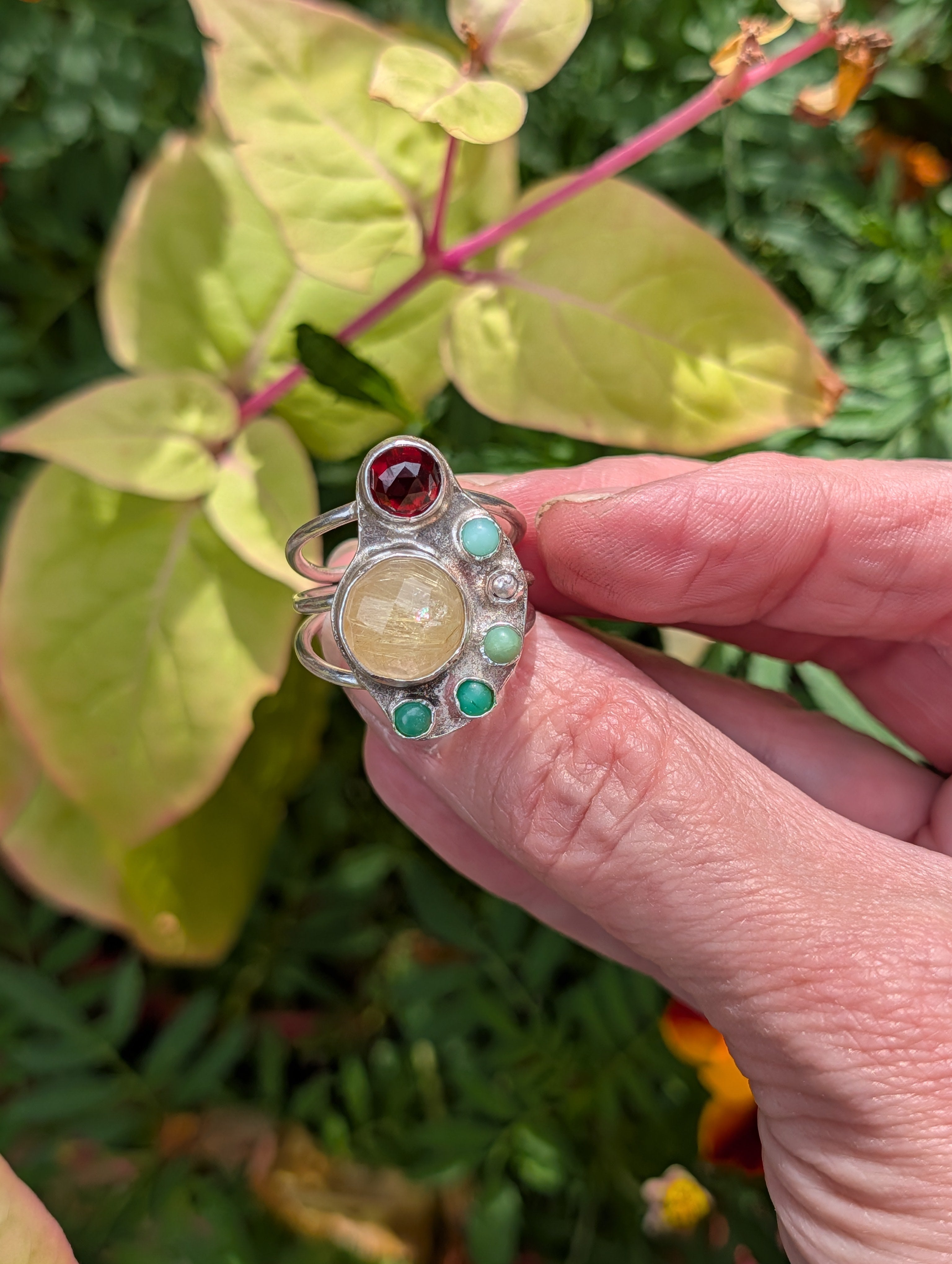 The Offering Ring — Garnet, Golden Rutilated Quartz & Chrysoprase