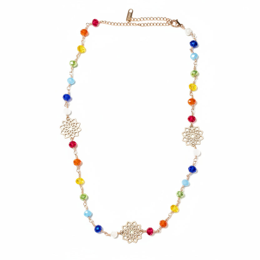 Rose Gold Mandala Necklace with Faceted Chakra Beads | 18” No-Tarnish Wire