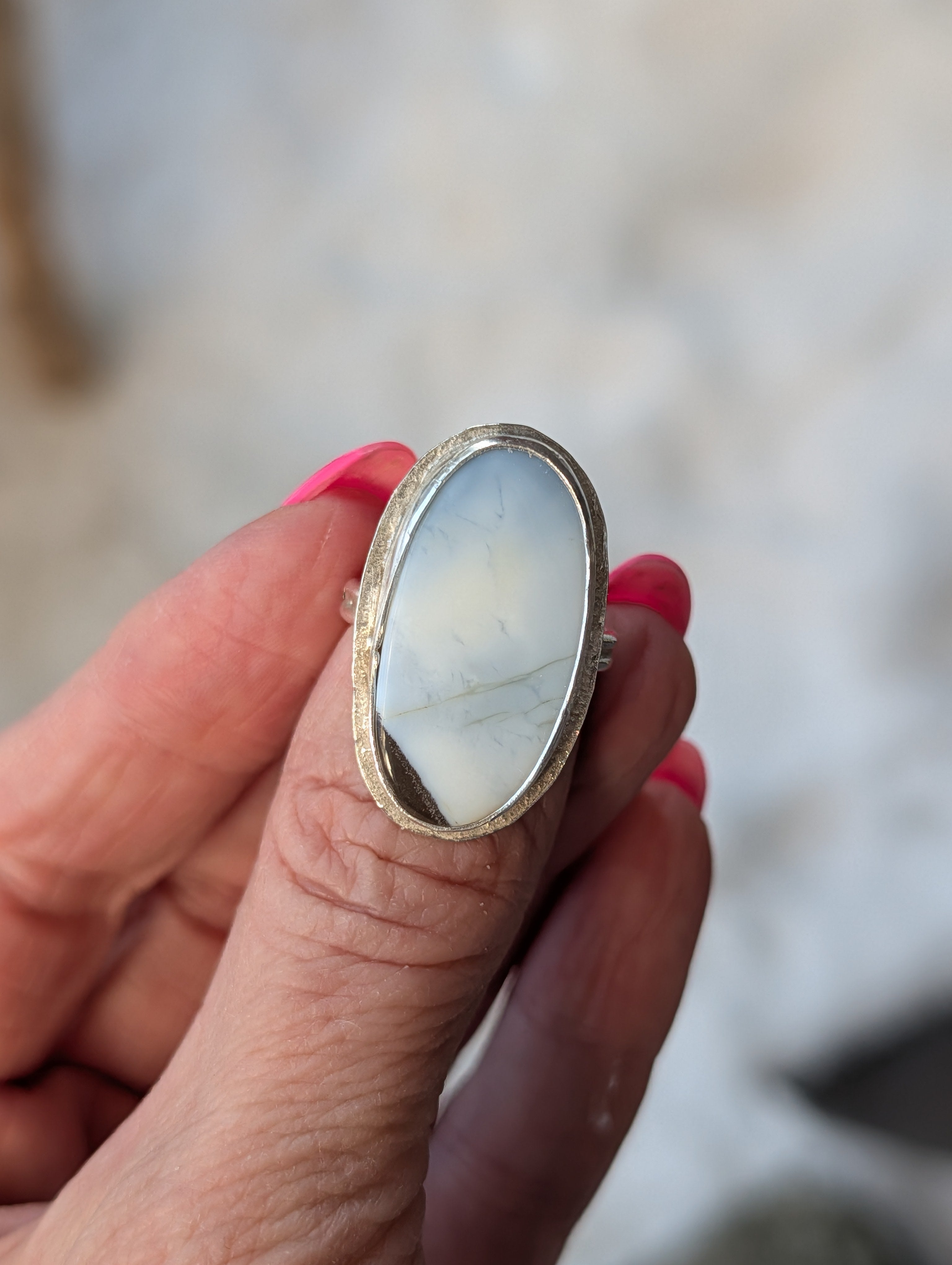 Blue Opal Statement Ring – Sterling Silver Sz 6.5