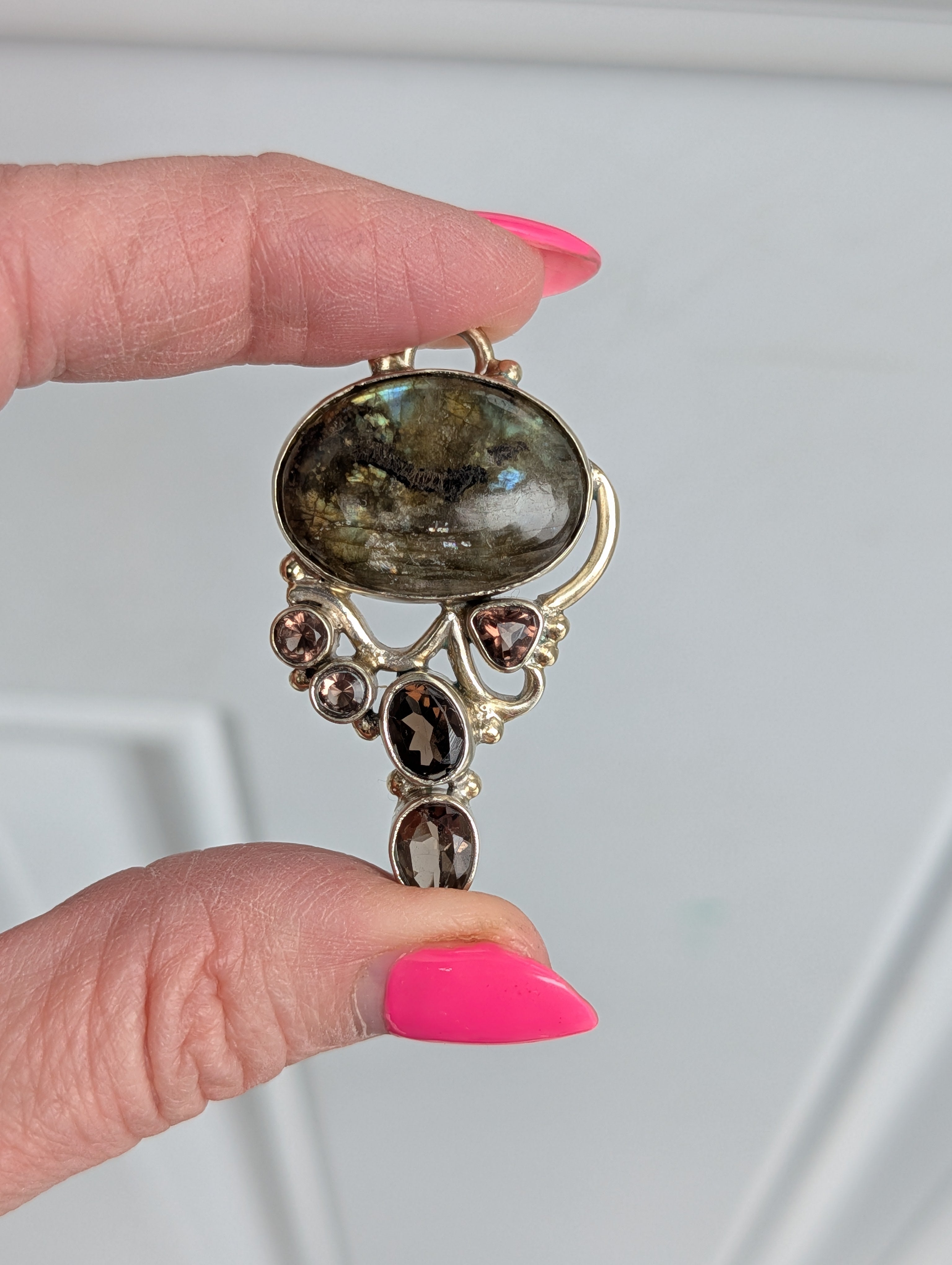 Labradorite & Smoky Quartz Pendant — One-of-a-Kind Sterling Silver Statement
