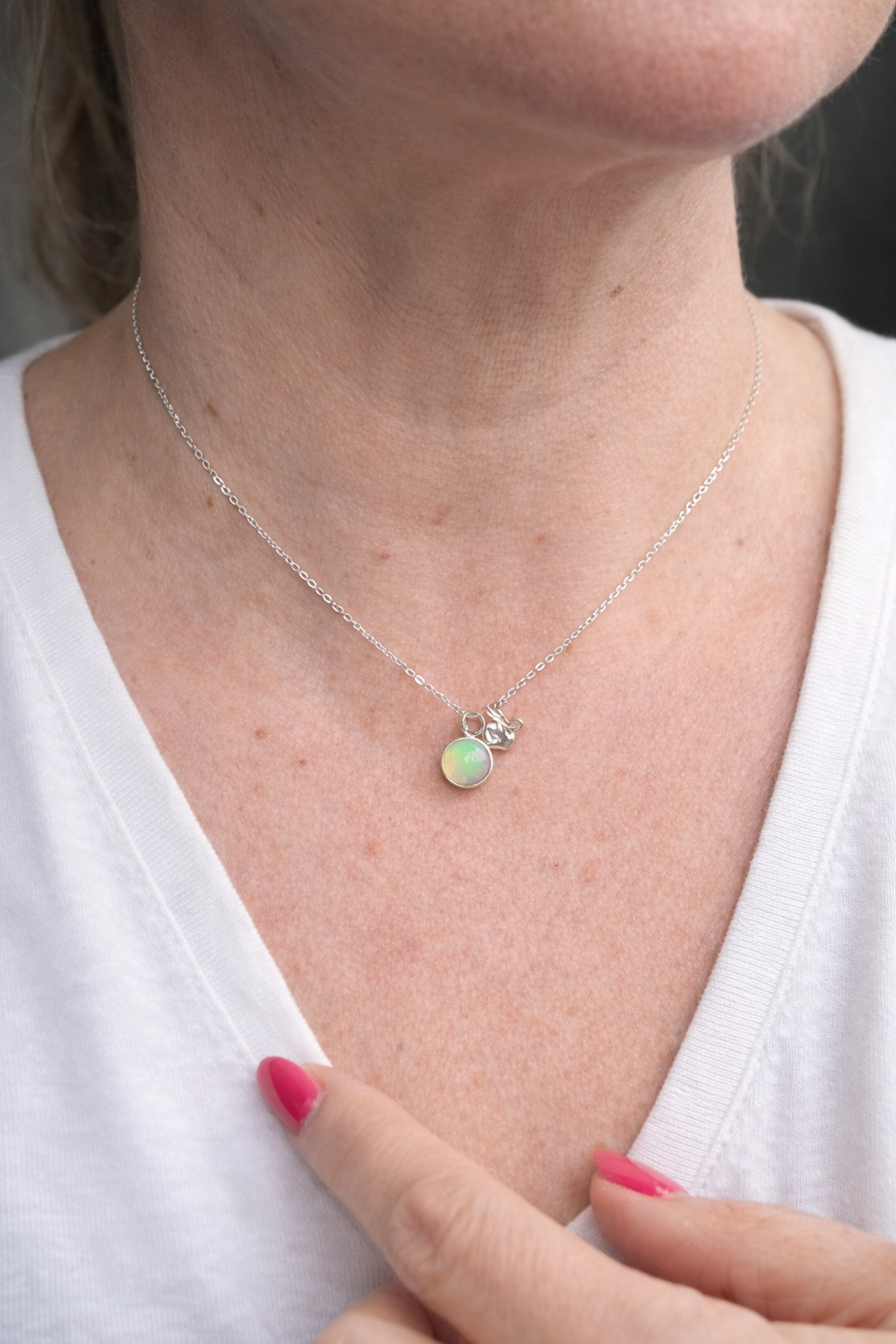 Sterling Silver Opal Necklace | 8mm Bezel Set Opal Pendant | Handmade | 16–18” Chain