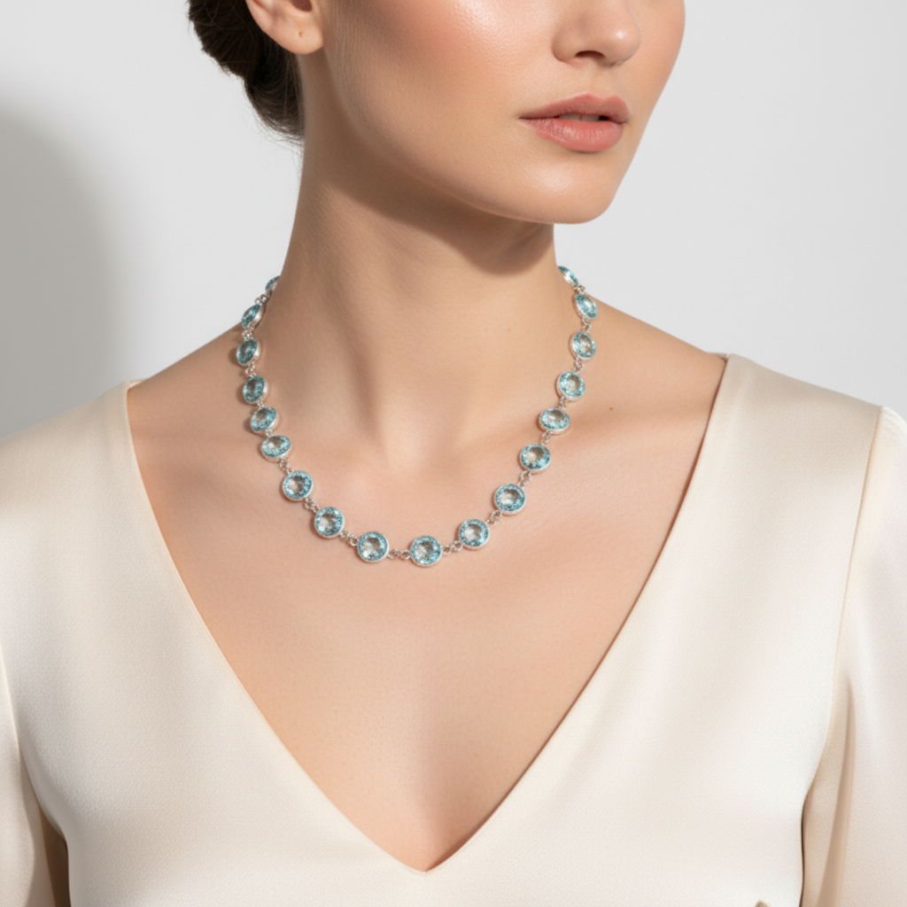 Aquamarine Necklace – Sterling Silver Bezel Set, 16"