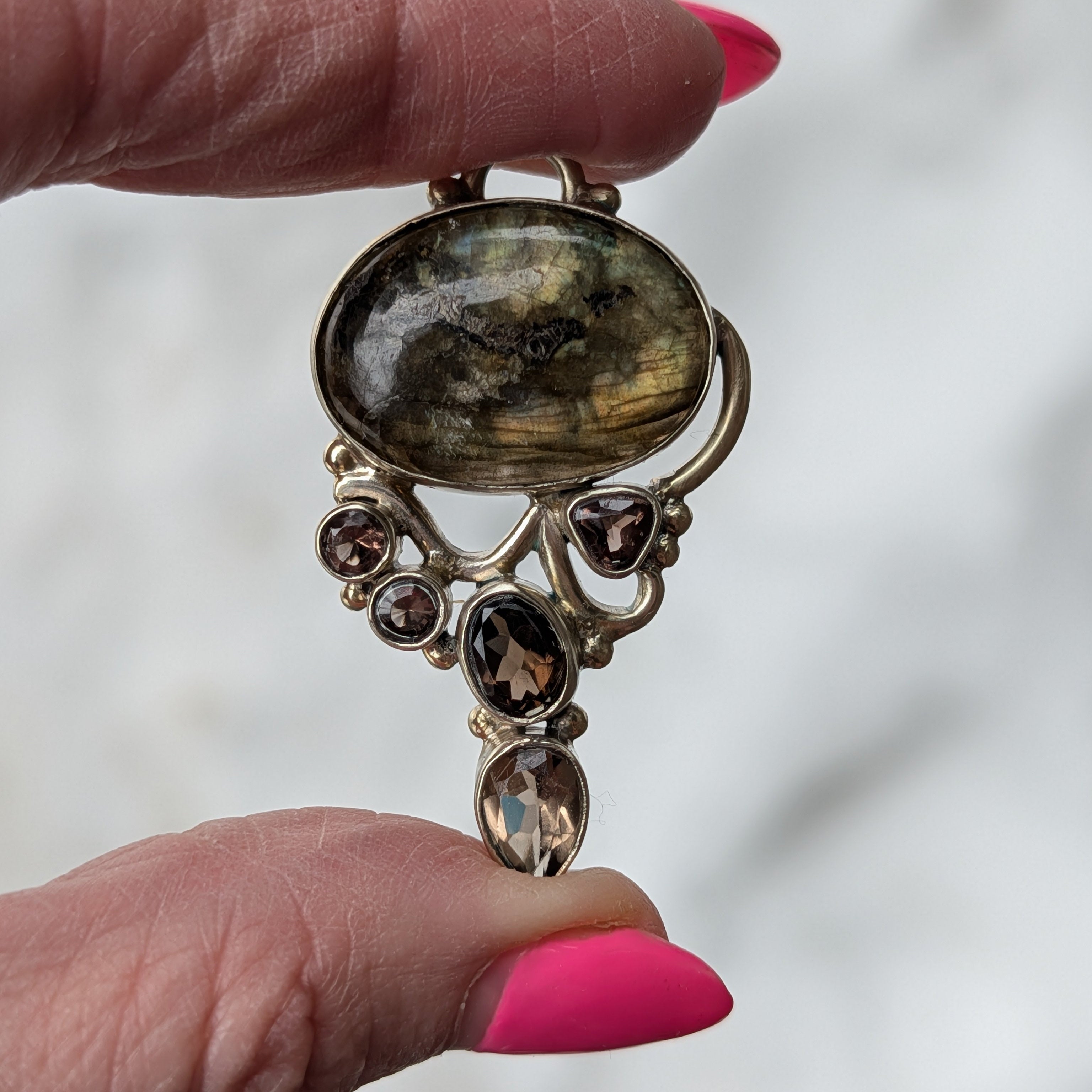 Labradorite & Smoky Quartz Pendant — One-of-a-Kind Sterling Silver Statement
