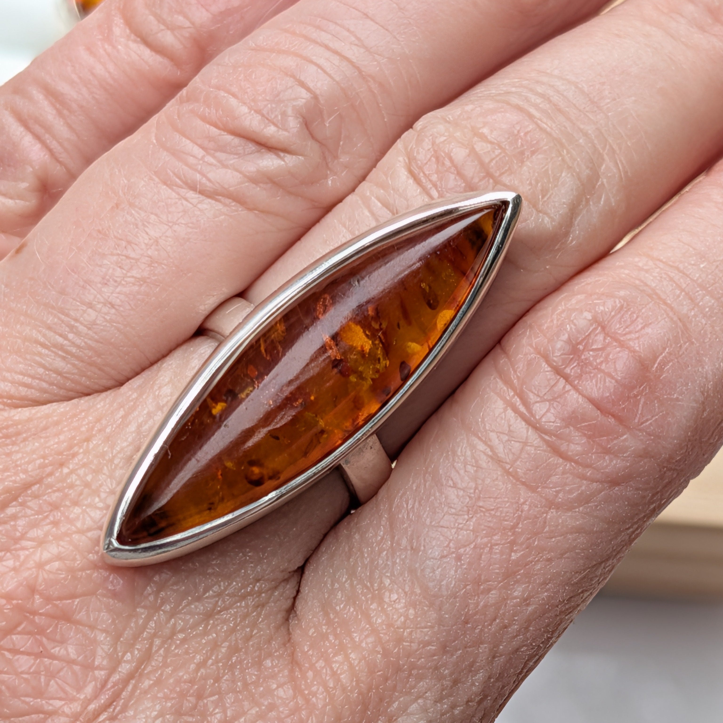 Golden Amber Marquise Ring | Silver Baltic Amber Ring |Tears of the Sun