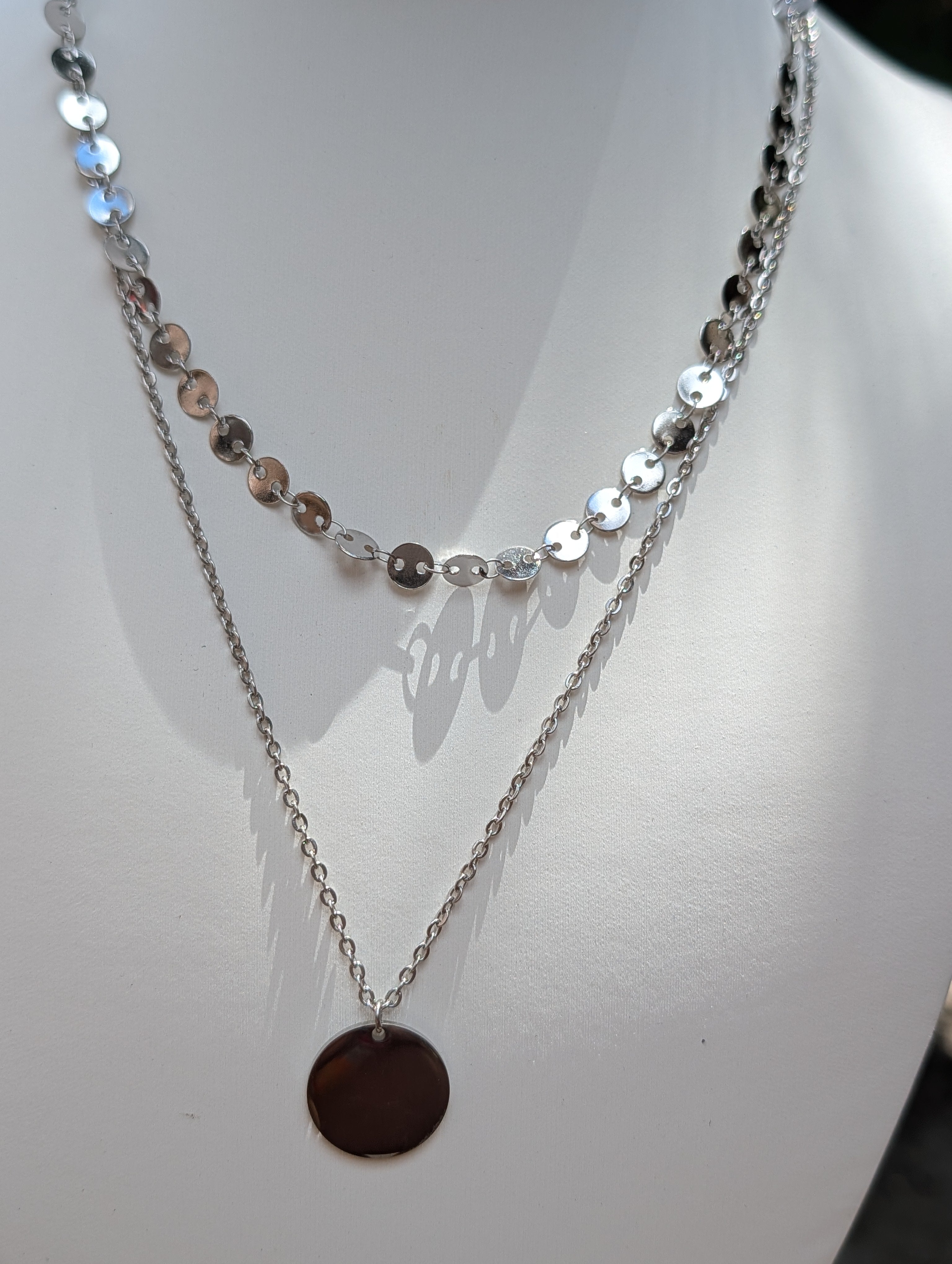 Sample Sale: Silver Sequin Disc Layered Necklace – Stainless Steel Pendant Necklace