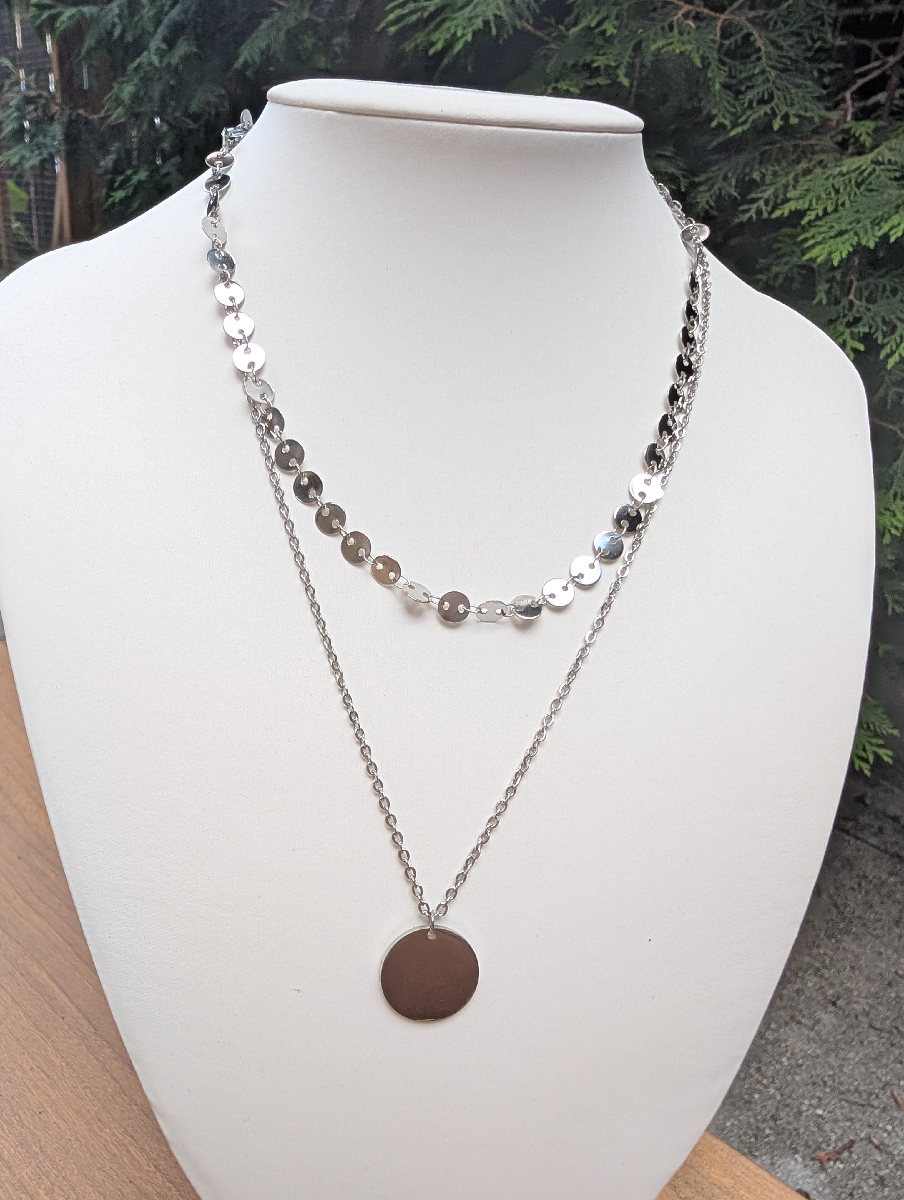 Sample Sale: Silver Sequin Disc Layered Necklace – Stainless Steel Pendant Necklace