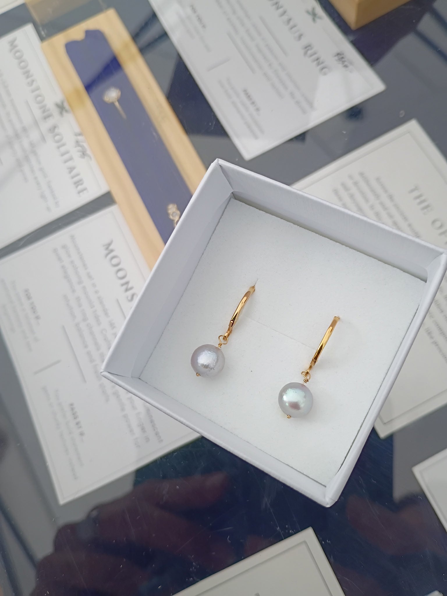 Gray Freshwater Pearl Leverback Earrings — Yellow Gold Fill