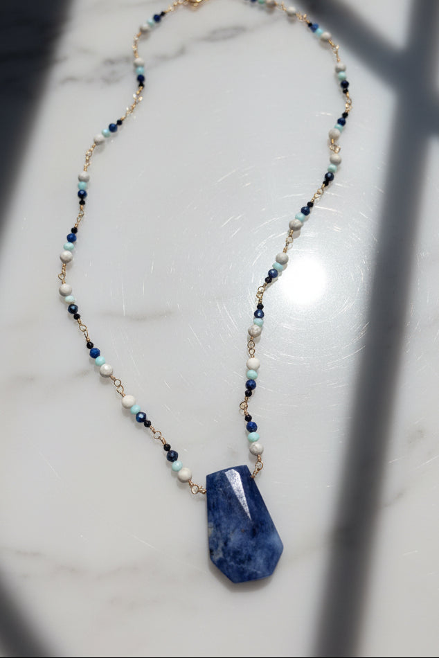 Blue Passage Necklace – Lapis Pendant with Blue Opal, Spinel & Yellow Gold Fill