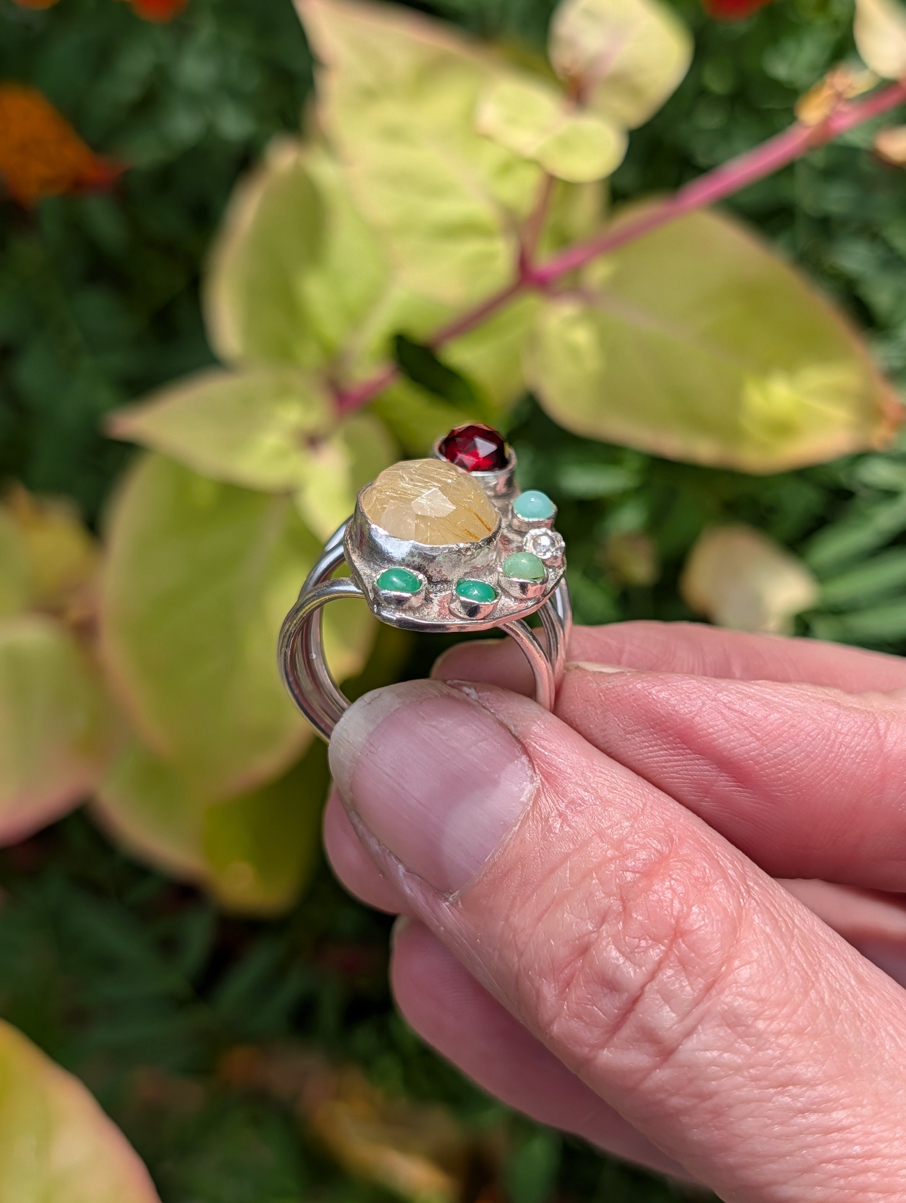The Offering Ring — Garnet, Golden Rutilated Quartz & Chrysoprase